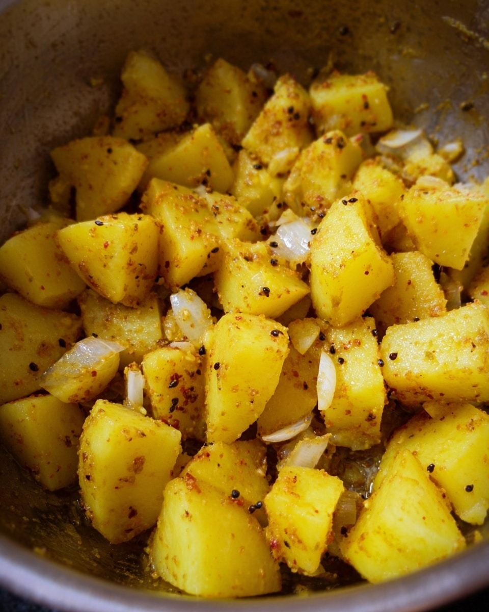 The image shows a close-up of cooked potato pieces in a silver pot. The potatoes are cut into irregular chunks and are yellow with a light coating of spices, including small black mustard seeds. Small pieces of white onion are mixed in with the potatoes. The pot's metal interior is visible, with a slightly worn and shiny texture. The scene is simple and focused on the textured potatoes with spices and onions. photo taken with an iphone --ar 4:5 --v 7