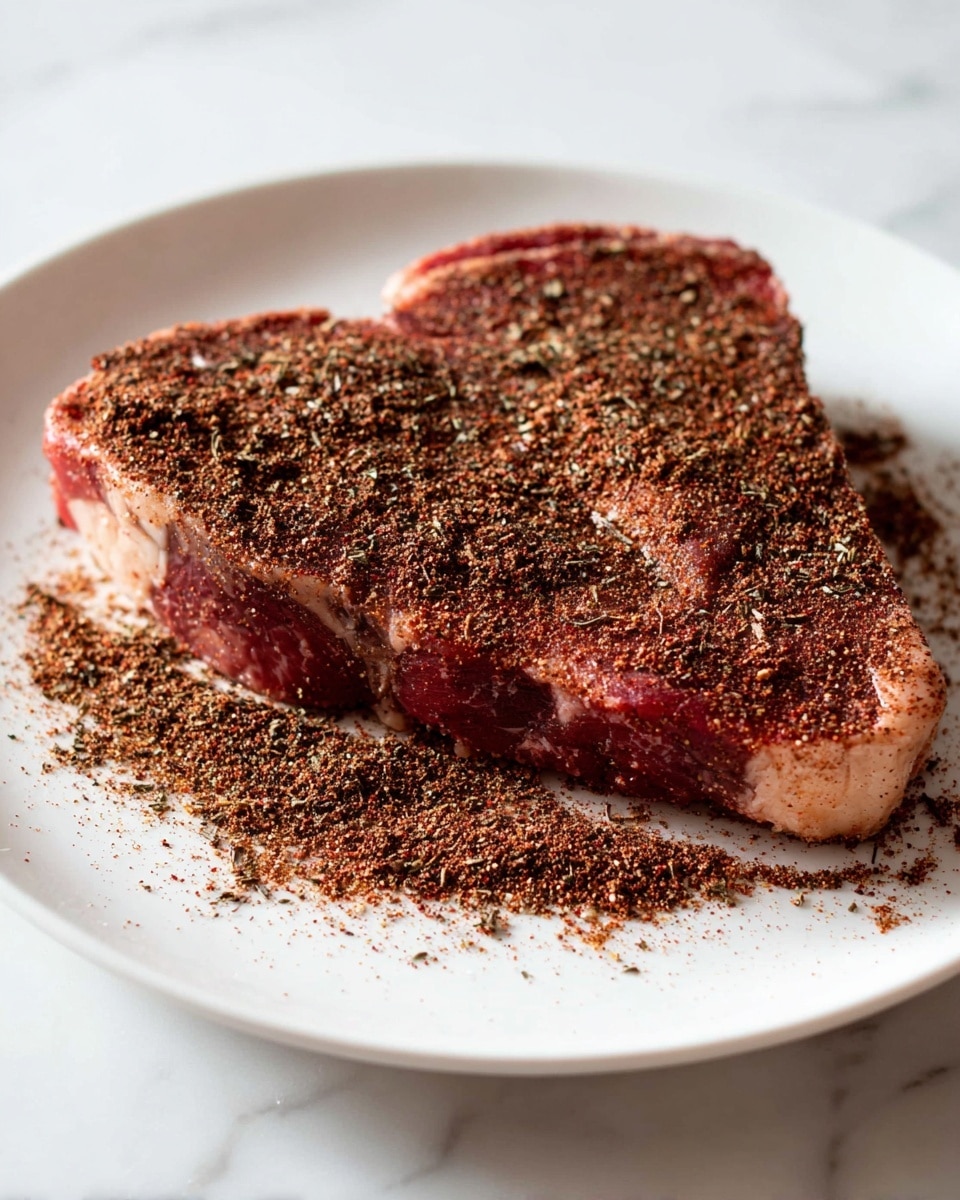 A single thick piece of raw steak lies flat on a large white plate. The steak is covered and surrounded by a dry layer of dark brown spices mixed with visible small herb flakes, giving it a rough texture. The steak shows a marbled pattern of red meat with light fat edges peeking through under the spice layer. The background is a white marbled texture. photo taken with an iphone --ar 4:5 --v 7