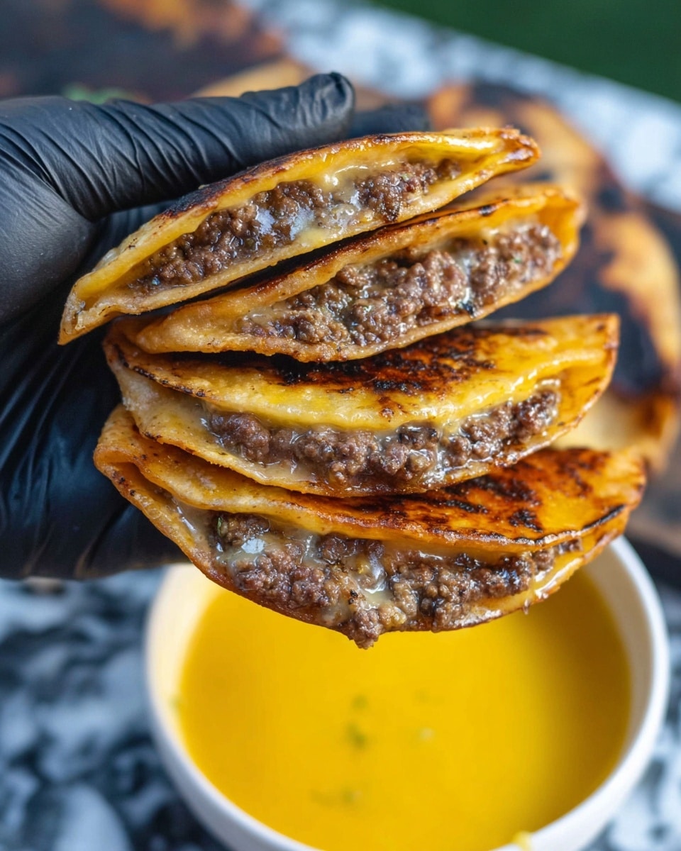 A close-up of three folded tacos stacked in a woman's hand wearing a black glove. Each taco has a golden brown, crispy shell with a shiny, cooked ground meat filling inside that looks juicy and slightly oily. The tacos are held above a white bowl filled with bright yellow sauce. The background shows a white marbled texture lightly blurred, giving focus to the tacos and sauce. Photo taken with an iphone --ar 4:5 --v 7