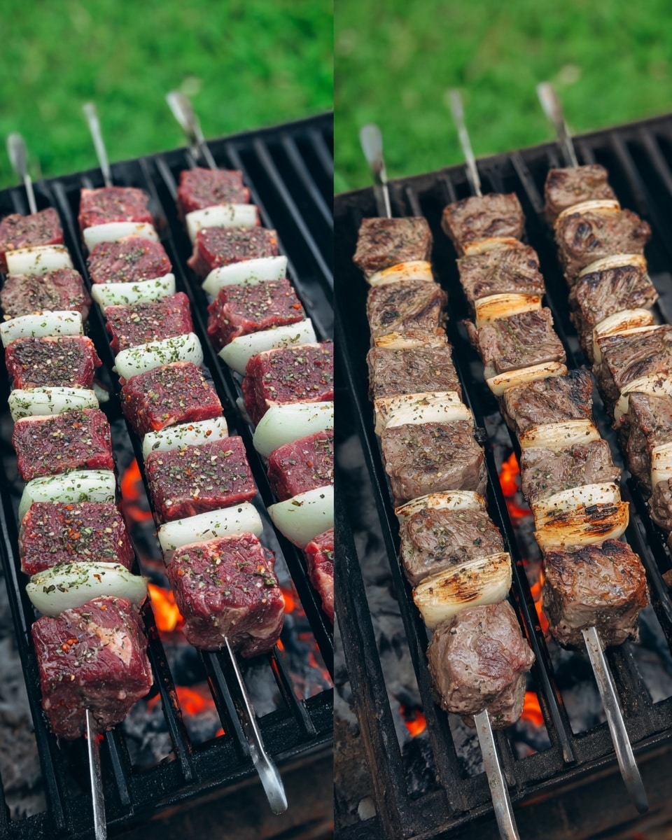 The image shows two side-by-side views of three metal skewers on a black grill over glowing charcoal with a green grass background. On the left, the skewers hold raw, cubed meat with seasoning and white onion slices in between, giving a mix of deep red and white colors with black pepper flakes on top. On the right, the same skewers display the meat cooked to a brown color with a light char, with the white onion pieces now translucent and caramelized, all still threaded closely on the skewers. The grill bars and glowing charcoal underneath show hints of orange and grey, creating a clear before-and-after cooking contrast. The scene takes place outdoors over a metal grill with grass in the background. Photo taken with an iphone --ar 4:5 --v 7