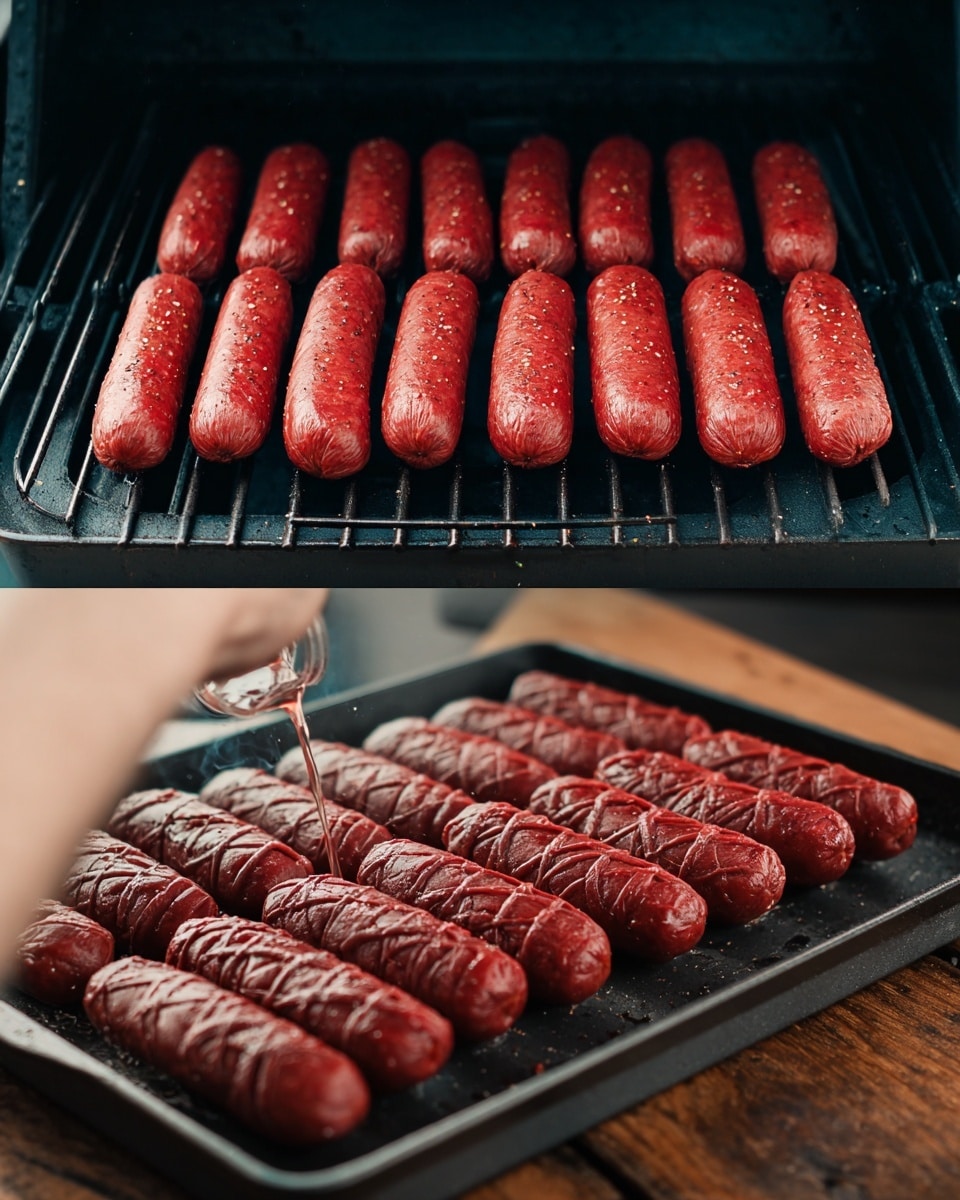 The image shows two scenes side by side. On the left, there are ten long, red sausages lined up neatly in two rows on black grill bars inside a grill with a dark gray interior. The sausages have seasoning sprinkled on them and display a shiny, slightly textured surface. On the right, the sausages are shown on a black grill pan, densely packed and scored in a crisscross pattern, with a person's hand pouring a clear liquid over them. The grill pan sits on a wooden surface. Both sides focus on the sausages' rich red color and texture. photo taken with an iphone --ar 4:5 --v 7