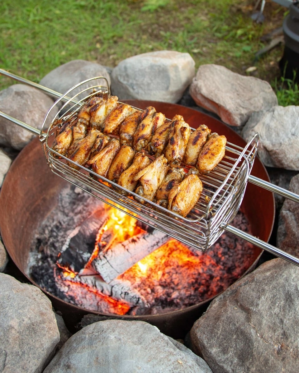 A metal grilling basket filled with two rows of seasoned chicken wings is held over a round fire pit with glowing orange flames and white ash-covered wood logs inside. The chicken wings have a golden brown color with some darker spots from cooking and are tightly packed in the basket. The fire pit is surrounded by large gray stones and the scene is set on green grass in the background. The grilling basket has two long metal handles extending outward. Photo taken with an iphone --ar 4:5 --v 7