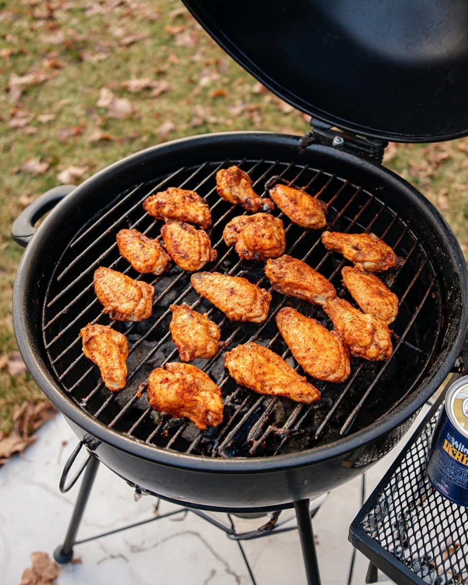 The image shows a black round grill with its lid open, cooking around twenty chicken wings spread out evenly on the grate. The wings are covered in a reddish-orange spice mix, and they have a slightly rough texture from the seasoning. The grill is placed outdoors on a white marbled surface, with grass and dry leaves visible in the background. To the right of the grill on a metal mesh table, there is a can of black beans, adding context to the outdoor cooking scene. The photo taken with an iphone --ar 4:5 --v 7