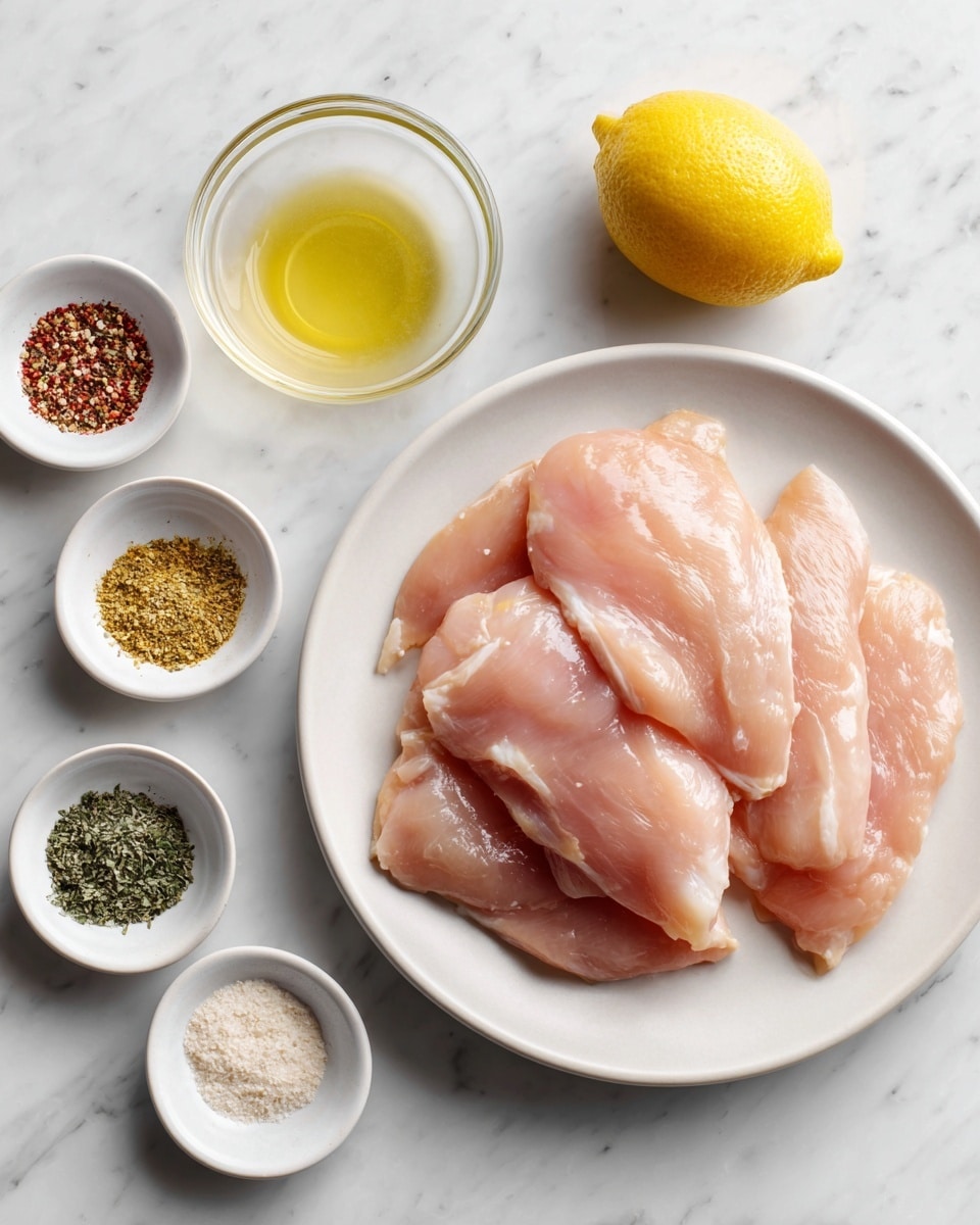 On a white plate in the middle, there are six raw pale pink pieces of chicken layered loosely on top of each other, showing smooth and slightly wet textures. To the left, a small white bowl holds six different seasonings arranged in small piles with colors including dark green, light green, white, red, beige, and black. Above the plate, there is a small clear glass bowl filled with a light yellow liquid placed next to a bright yellow lemon. All items rest on a white marbled surface that brightens the whole scene photo taken with an iphone --ar 4:5 --v 7