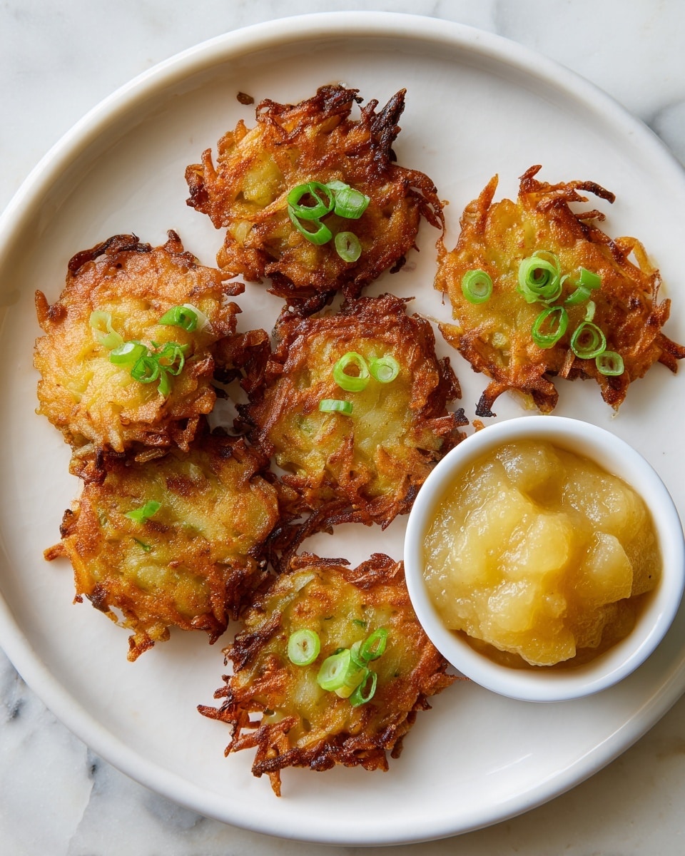 A white plate holds six golden brown crispy latkes arranged in a loose circle, each latke showing a rough, crunchy texture with some small browned edges, topped with small, bright green sliced scallions scattered on top. On the right side of the plate is a small white bowl filled with smooth, pale yellow applesauce that looks thick and slightly lumpy. The plate rests on a white marbled surface, and the photo is taken closely from above with good natural light, photo taken with an iphone --ar 4:5 --v 7