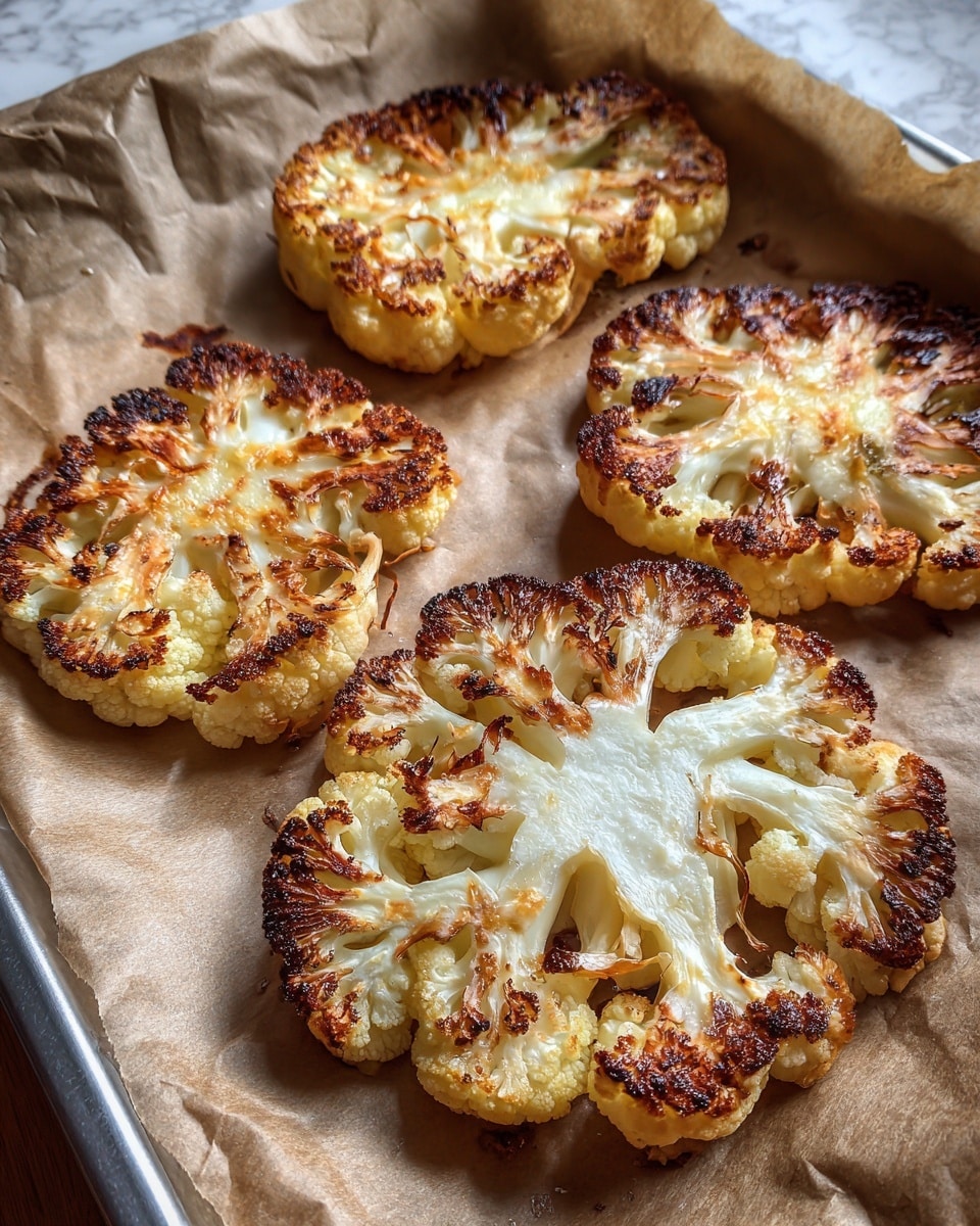 The image shows four roasted cauliflower steaks laid out on brown parchment paper on a silver baking tray. Each cauliflower steak is golden brown with some darker roasted spots, showing crispy edges and soft inner texture. The cauliflower pieces are thick, with visible white cores and branching florets that have a flicker of charred coloring. The background is a white marbled surface. photo taken with an iphone --ar 4:5 --v 7