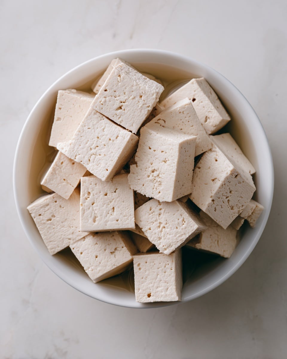 A white bowl filled with small, rectangular pieces of tofu stacked closely together in several layers, all soaking in clear water. The tofu pieces are pale cream-colored with some tiny holes and textured spots visible on their smooth surfaces. The bowl sits on a white marbled surface. photo taken with an iphone --ar 4:5 --v 7