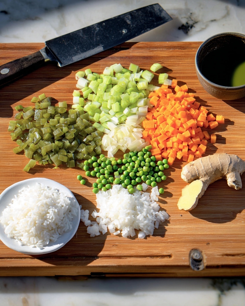 The image shows neatly arranged small piles of chopped ingredients on a wooden cutting board: diced green celery, white onions, orange carrots, bright green peas, minced garlic, a piece of fresh ginger, and a small mound of white rice on a white dish placed on the board's left side. A dark-handled knife rests at the top left of the board, and a small bowl with a green liquid sauce sits at the top right. The background is a white marbled surface. photo taken with an iphone --ar 4:5 --v 7