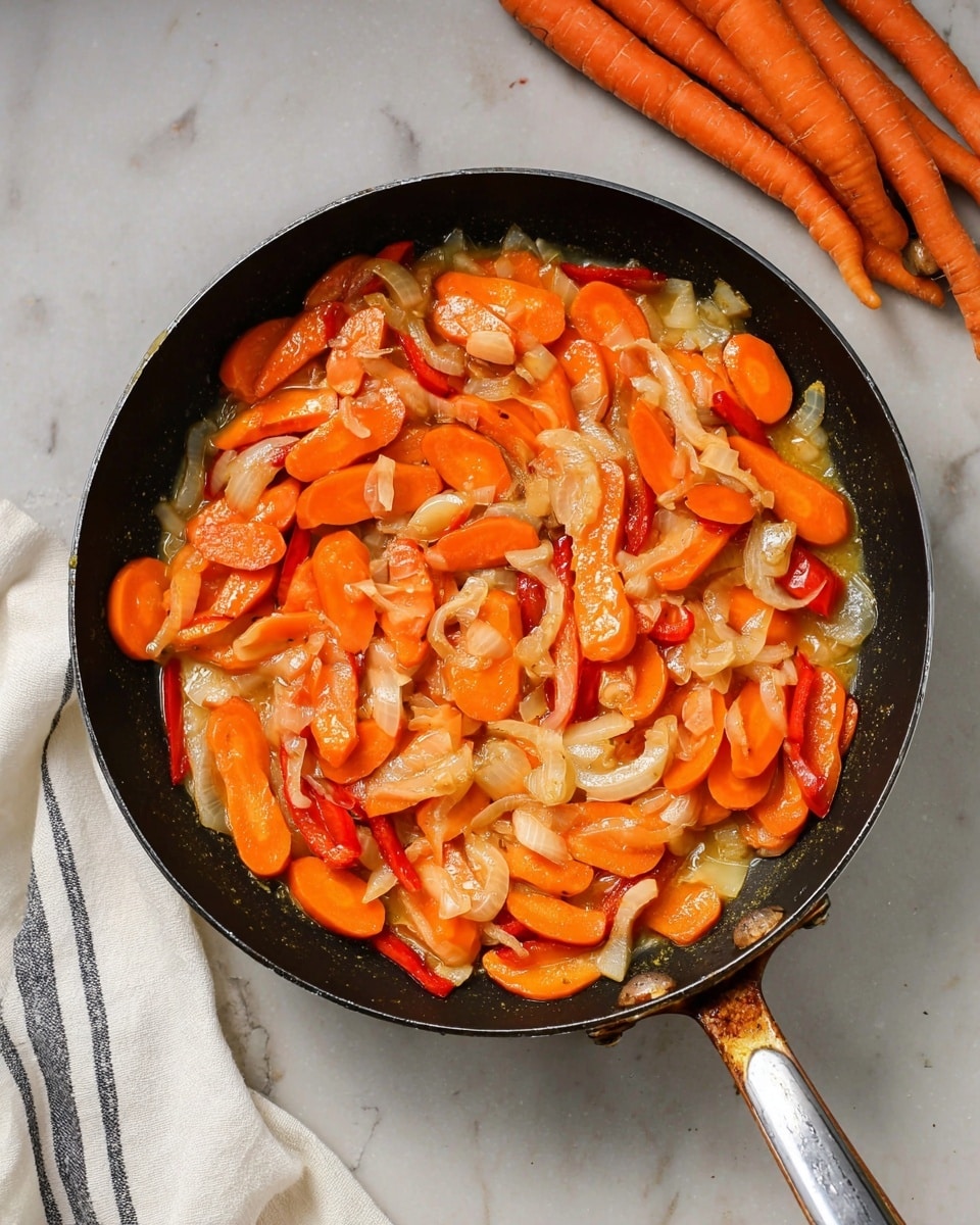 The dish shows a black pan filled with cooked vegetables, mainly orange carrot slices and some red bell pepper strips mixed with translucent white onion slices. The vegetables are coated with a light sauce that gives them a shiny look. The pan is on a white marbled surface with a bunch of fresh carrots on the top left corner and a white cloth with thin black stripes on the bottom left. The handle of the pan is metallic and slightly worn. Photo taken with an iphone --ar 4:5 --v 7