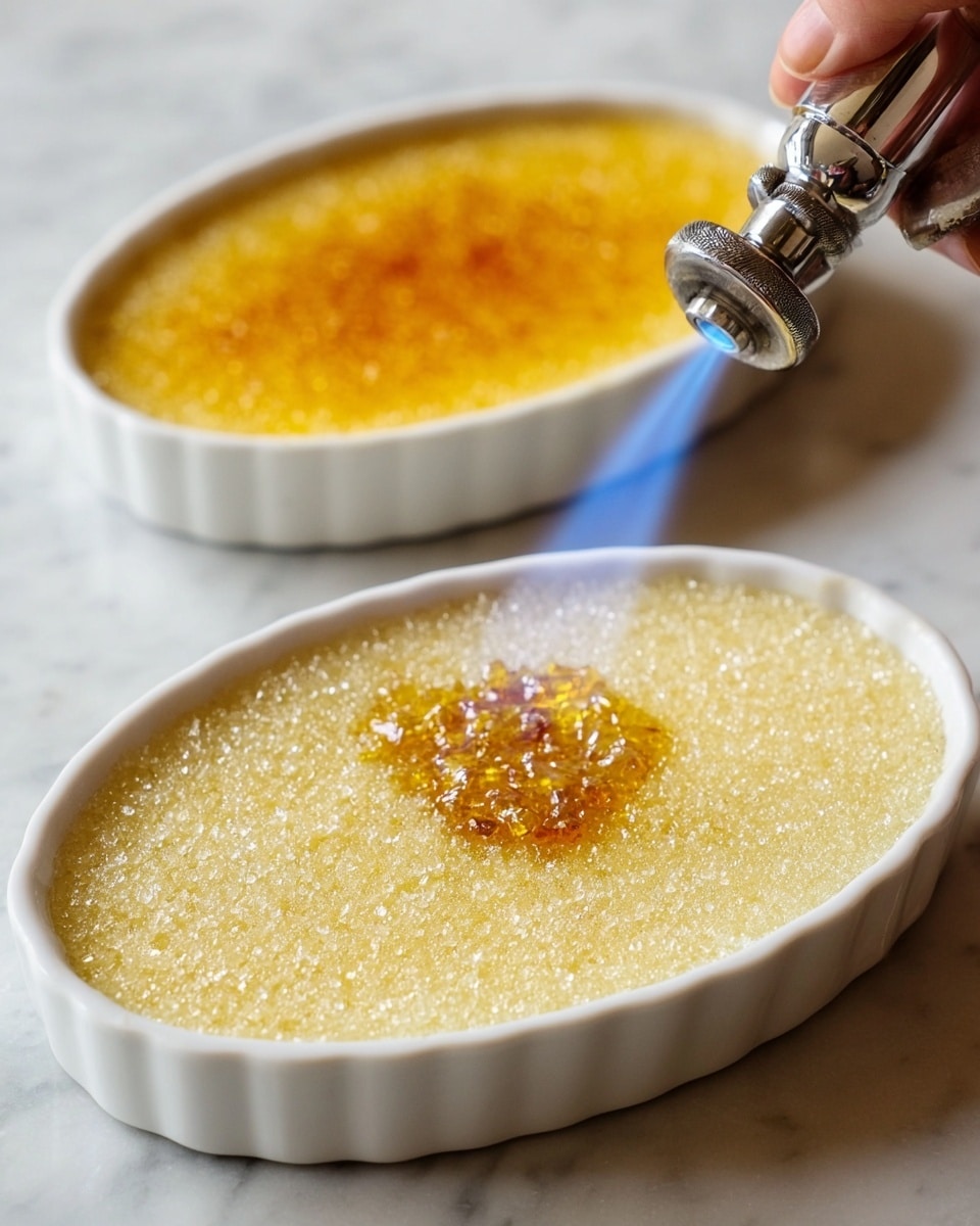 The image shows a white oval ceramic dish filled with a pale yellow custard base topped with an even layer of raw, sparkling granulated sugar. The top sugar layer is being caramelized by a blue flame from a torch held close above the surface. The custard underneath is smooth and creamy, visible through the sugar that glistens with light reflections. The dish sits on a white marbled surface, and a woman's hand holds the torch steadily near the right side of the image. Photo taken with an iphone --ar 4:5 --v 7
