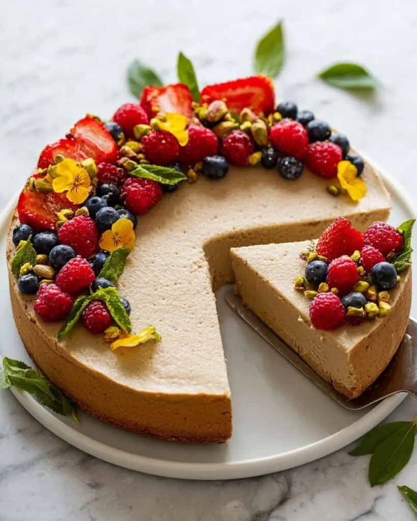 Gluten-Free Vegan Pistachio Cheesecake with Fresh Berries Recipe