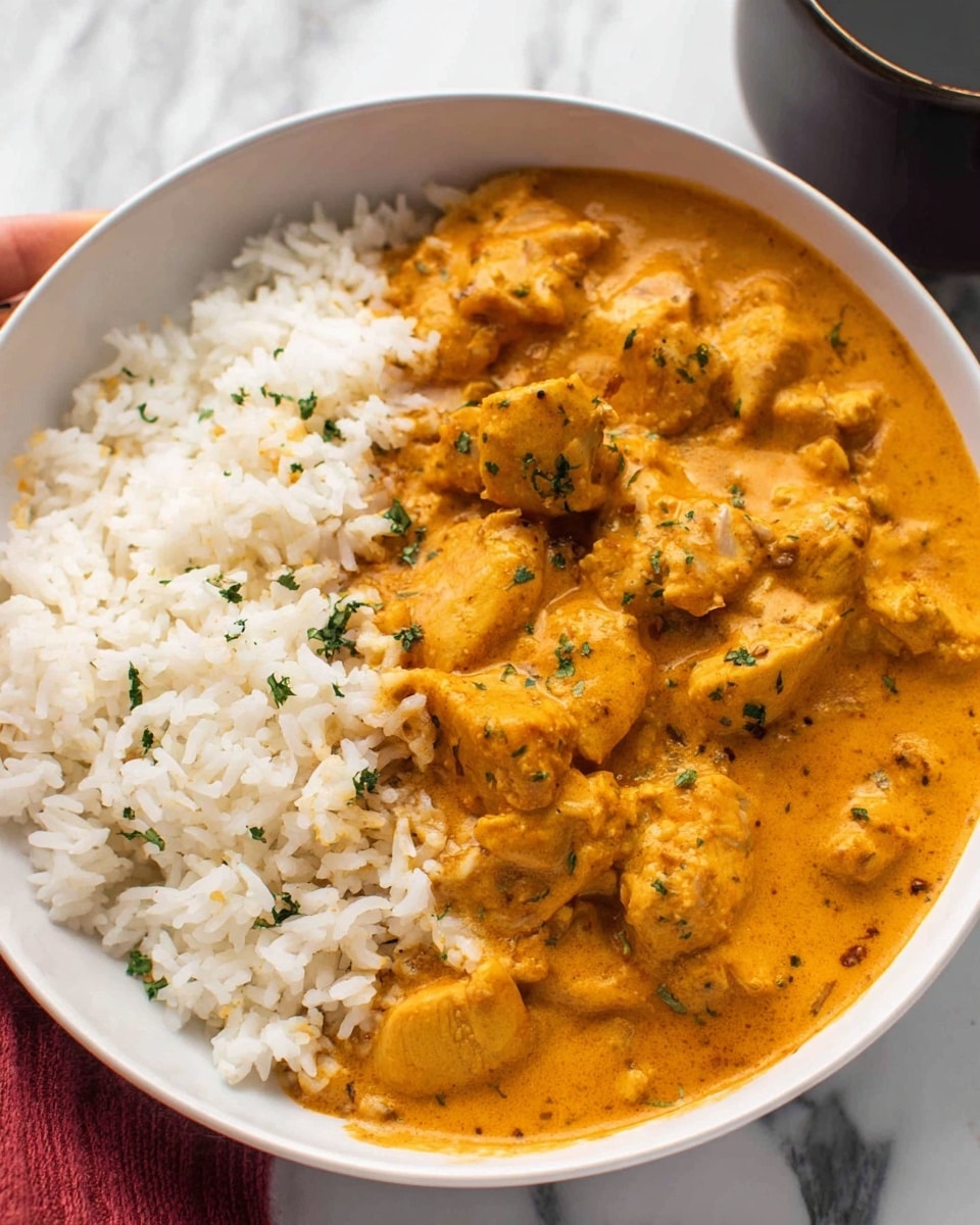 This image shows a white bowl filled with two main parts: on the left, there is a layer of fluffy white rice with loose grains visible, and on the right, there is a thick orange curry with pieces of cooked chicken covered in creamy sauce. The curry has small green herbs sprinkled on top and has a smooth texture mixing lightly with the rice. The bowl sits on a white marbled surface, and part of a woman's hand holding a dark cup is visible in the background. photo taken with an iphone --ar 4:5 --v 7