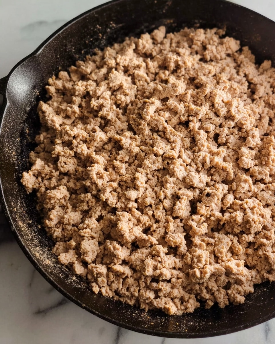 A close-up image shows a black cast iron pan filled with cooked ground meat. The meat is light brown in color and crumbly in texture, covering the entire pan surface evenly. The pan sits on a white marbled surface. Photo taken with an iphone --ar 4:5 --v 7