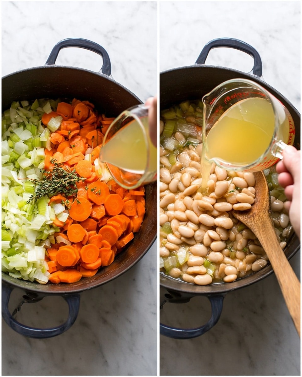 The first image shows a black pot containing three layers: a bottom layer of chopped onions and celery that are white and pale green, a middle layer of bright orange carrot slices, and some sprigs of herbs on top. A woman's hand is pouring liquid into the pot using a glass measuring cup, while a wooden spoon rests on the vegetables. The second image shows the same pot with a thick layer of white beans added on top of the vegetables, and the woman's hand is pouring a light yellow liquid from a glass container into the pot, with the wooden spoon resting on the side among the ingredients. All this is set on a white marbled surface. photo taken with an iphone --ar 4:5 --v 7