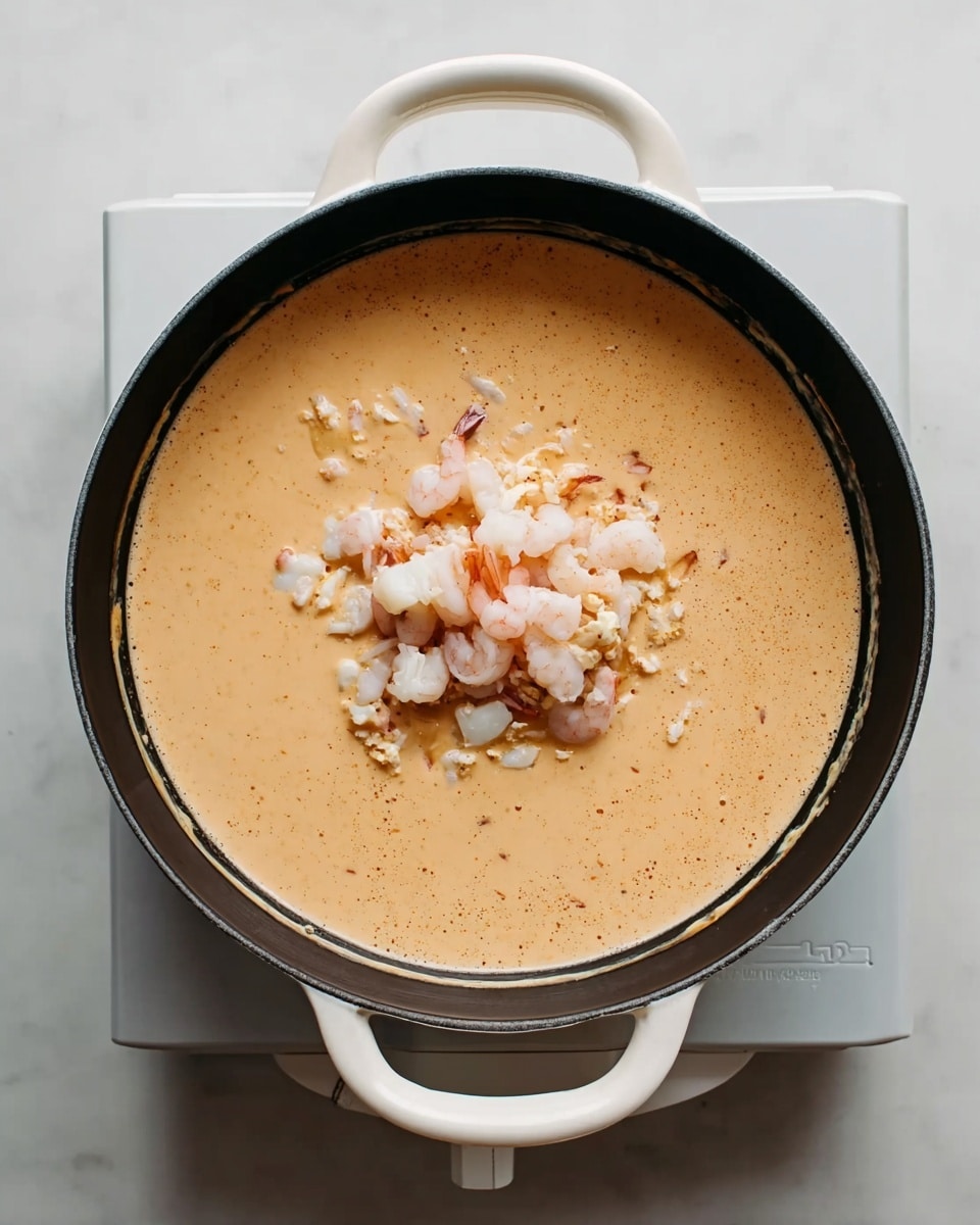 A round black pan with two white handles is filled with a light orange creamy sauce, which covers the entire base. In the center, there is a small pile of pale pink small shrimp and some chunky white pieces that look soft and textured, sitting on top of the sauce. The pan is on a white electric stove, all placed on a white marbled surface, creating a clean and simple look. photo taken with an iphone --ar 4:5 --v 7