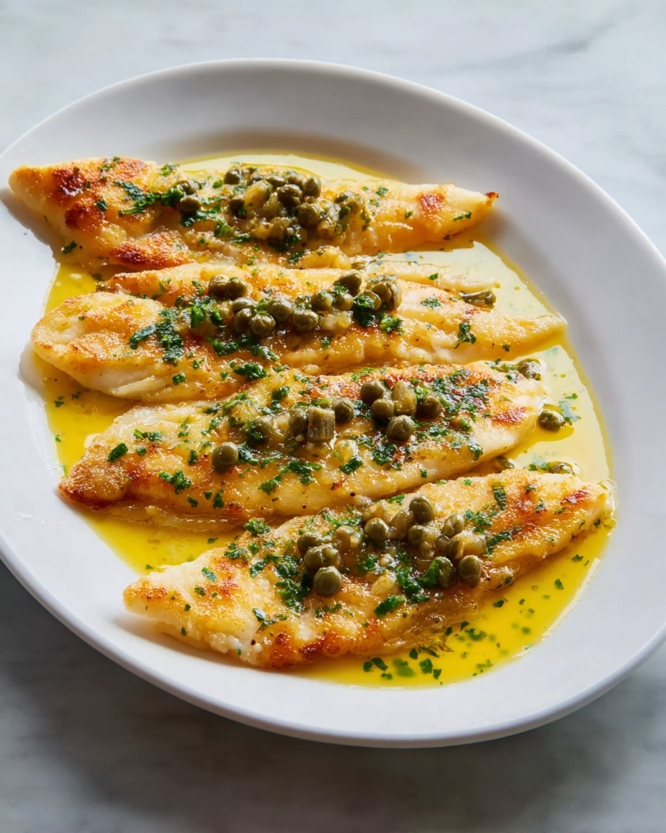 A white oval plate holds five pieces of light golden pan-cooked fish fillets arranged in a slightly overlapping line. The fillets have a lightly browned surface with a soft, flaky texture, topped with a bright yellow sauce that pools slightly around them. On top of the sauce, small green capers and finely chopped green herbs are scattered evenly across the fish, adding spots of color and texture contrast. The plate is placed on a white marbled surface. photo taken with an iphone --ar 4:5 --v 7