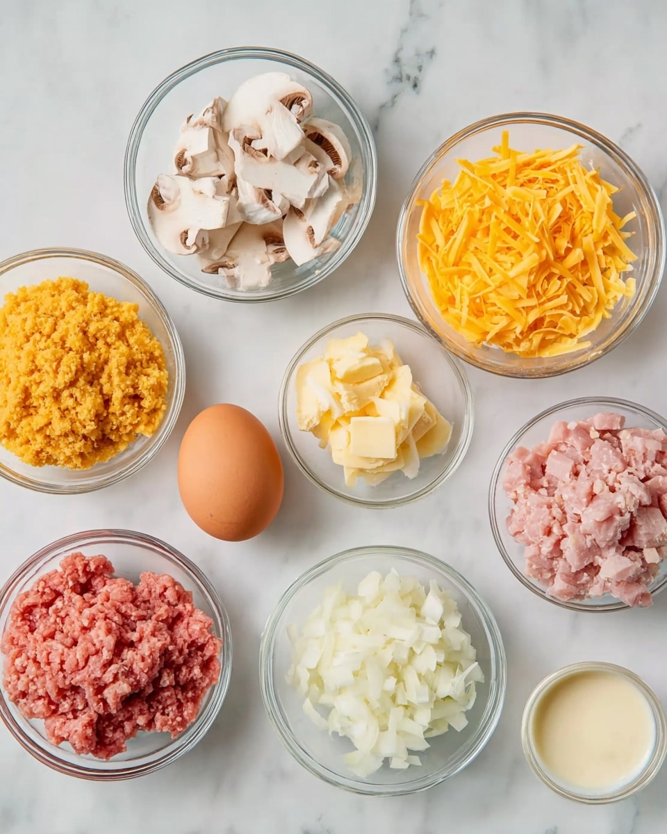 The image shows seven clear bowls and one brown egg arranged on a white marbled surface. From left to right and top to bottom: a bowl filled with chopped white mushrooms, a brown egg sits alone on the surface, a bowl with shredded yellow cheese, a bowl containing crushed orange cereal flakes, a bowl with ground pink meat, a bowl with diced white onions, a bowl filled with pale pink chopped meat with some white fat pieces, and a small bowl with a creamy white liquid. All the bowls are transparent and placed neatly in a scattered but balanced layout. photo taken with an iphone --ar 4:5 --v 7