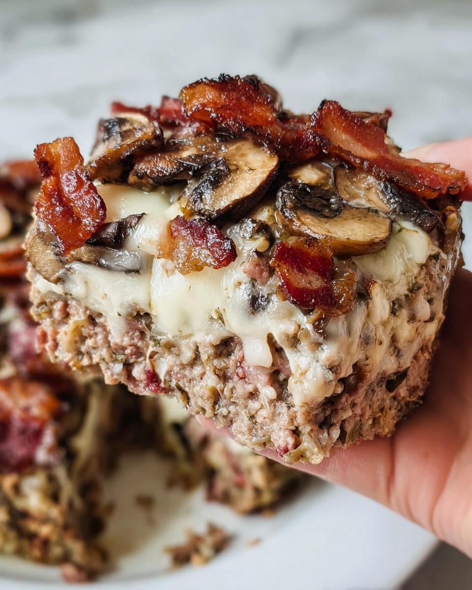 A close-up image shows a thick slice of a layered dish held by a woman’s hand. The bottom layer is finely ground cooked meat with a textured, slightly pinkish-brown color. On top of the meat, there are slices of browned mushrooms and pieces of crispy, reddish-brown bacon scattered across the surface. Between the mushrooms and bacon, there are slightly melted patches of white cheese that stretch and drip a bit. The background shows the rest of the dish with the same layers on a white plate placed on a white marbled surface. photo taken with an iphone --ar 4:5 --v 7