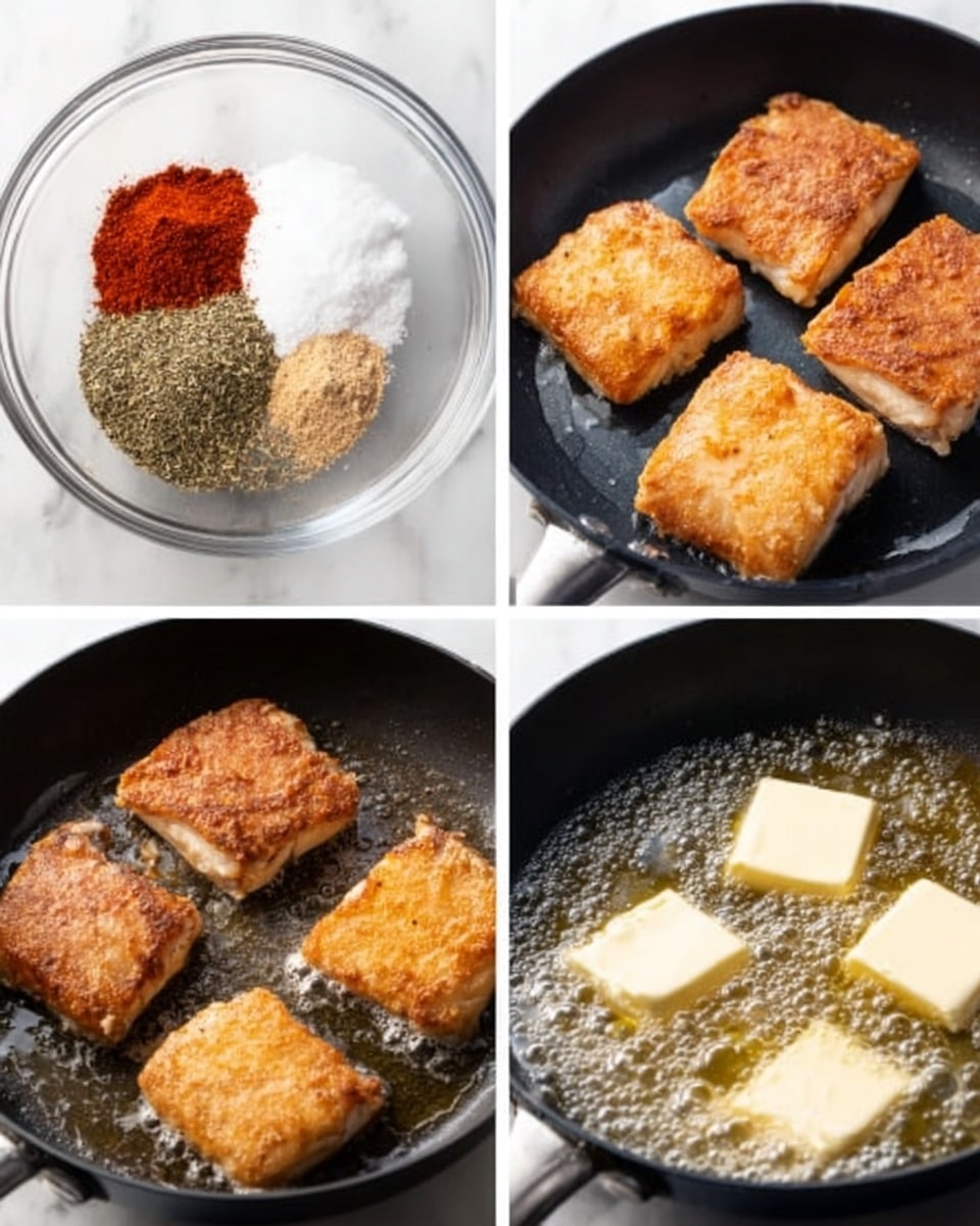 The image shows four panels arranged in a grid on a white marbled surface. The top left panel features a clear glass bowl with layers of red paprika, black pepper, white salt, dried oregano, and garlic powder neatly separated inside. The top right panel shows four square pieces of fish with a golden-brown crust frying in a black pan. The bottom left panel displays the same fish pieces, now more cooked with a deeper golden color, also in a black pan. The bottom right panel shows two cubes of butter melting in the same black pan, with bubbling liquid around the butter. photo taken with an iphone --ar 4:5 --v 7