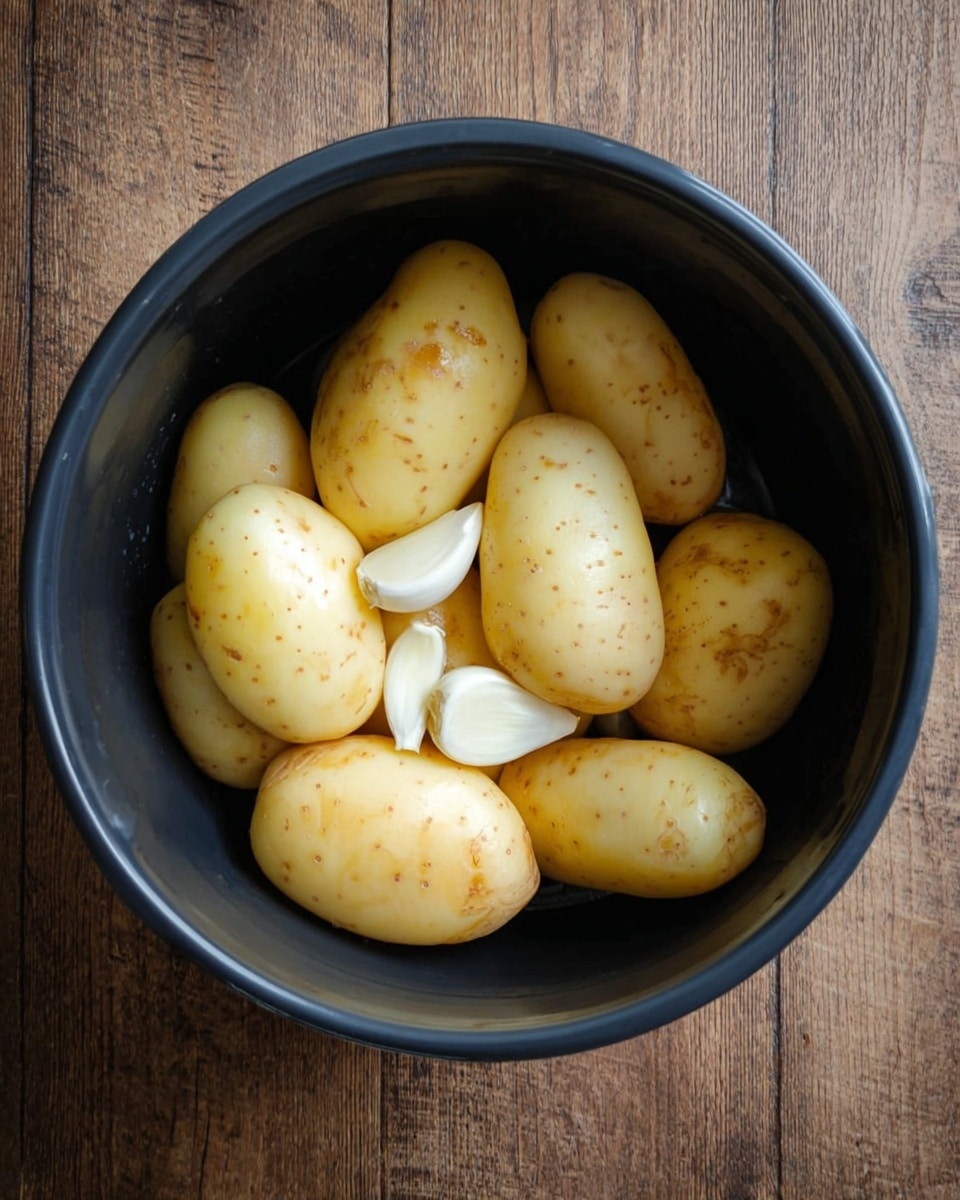 Inside a black cooking pot, there are eight peeled whole potatoes with small brown spots on their smooth, pale yellow skin. Three peeled white garlic cloves sit on top of and between the potatoes. The pot is placed on a wooden textured surface. Photo taken with an iphone --ar 4:5 --v 7