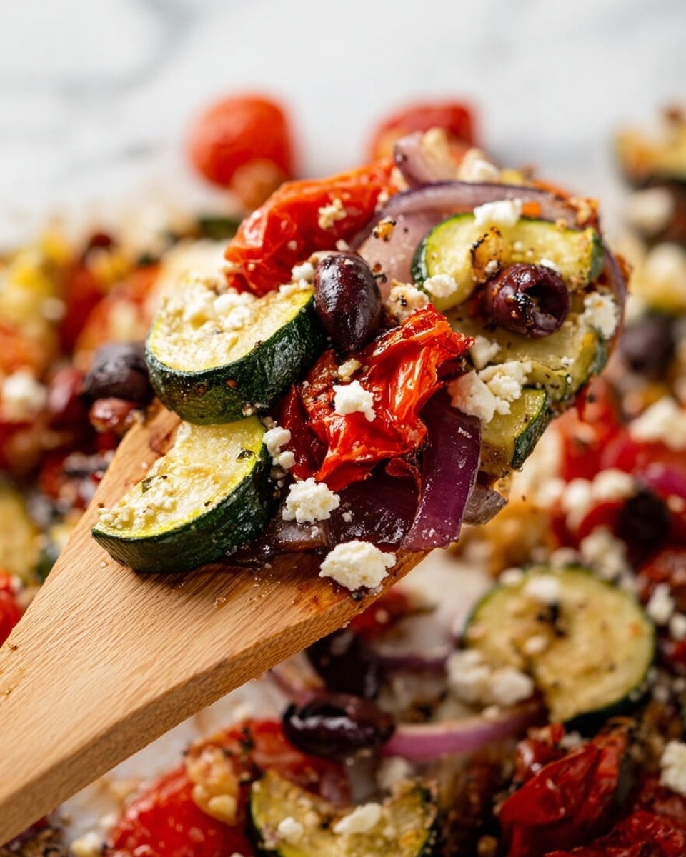 A wooden spatula holds a colorful mix of roasted vegetables including curved slices of green zucchini with soft, slightly browned edges, deep purple rings of onion, bright red chunks of roasted tomatoes, and dark black olives. The vegetables are sprinkled with small white crumbles of cheese, adding texture. Underneath the spatula, the same mix of vegetables spread out over a white marbled surface, showing the mix in a close-up view. The light highlights the soft, cooked textures and vibrant colors of the vegetables and cheese. photo taken with an iphone --ar 4:5 --v 7