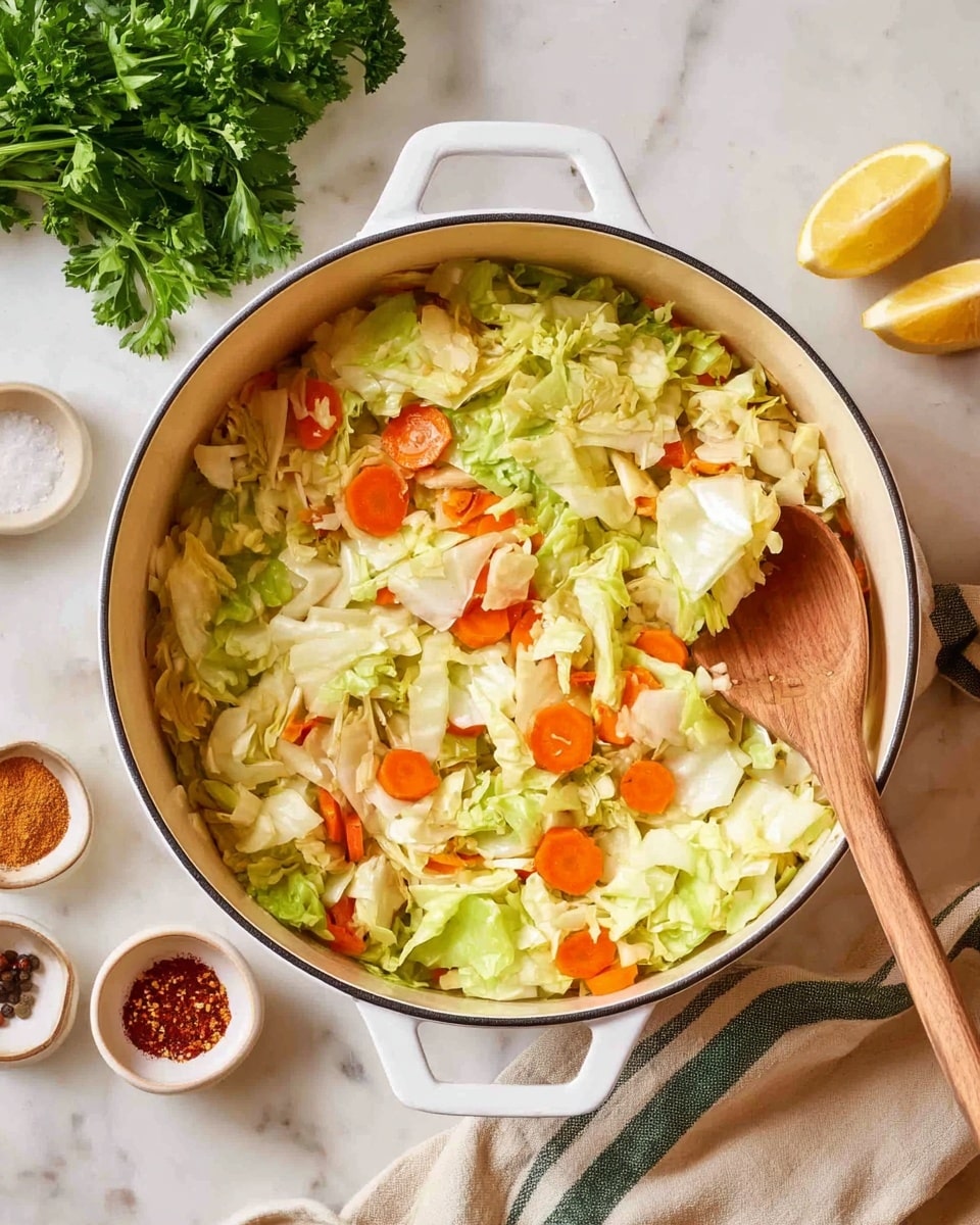 A round white pot filled with two main layers: the bottom layer consists of chopped light green cabbage pieces with a soft, leafy texture, and the top layer shows bright orange carrot slices scattered evenly among the cabbage, creating a contrast of color. A wooden spoon with a light brown handle rests inside the pot on the right side. The pot sits on a white marbled surface with a beige cloth with green stripes partly underneath the pot on the left side. Around the pot, there are small round white bowls with spices in shades of red, brown, and beige, a bunch of green parsley on the top left, and a lemon wedge on the top right. Photo taken with an iphone --ar 4:5 --v 7