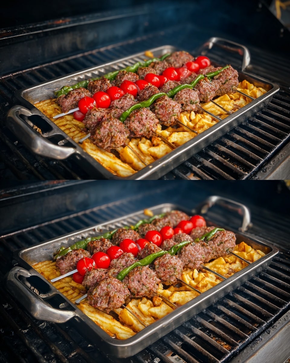A metal pan filled with several skewers of raw minced meat, each skewer decorated with a row of small red round tomatoes and long green peppers placed on top, arranged in a neat row from front to back. The skewers rest on a bed of crisscross waffle fries that cover the entire pan around and under the meat. The pan is inside a grill with black grates and dark interior showing some heat smoke rising. The metal pan has two handles on each side, and the scene is captured from two slightly different angles. Photo taken with an iphone --ar 4:5 --v 7