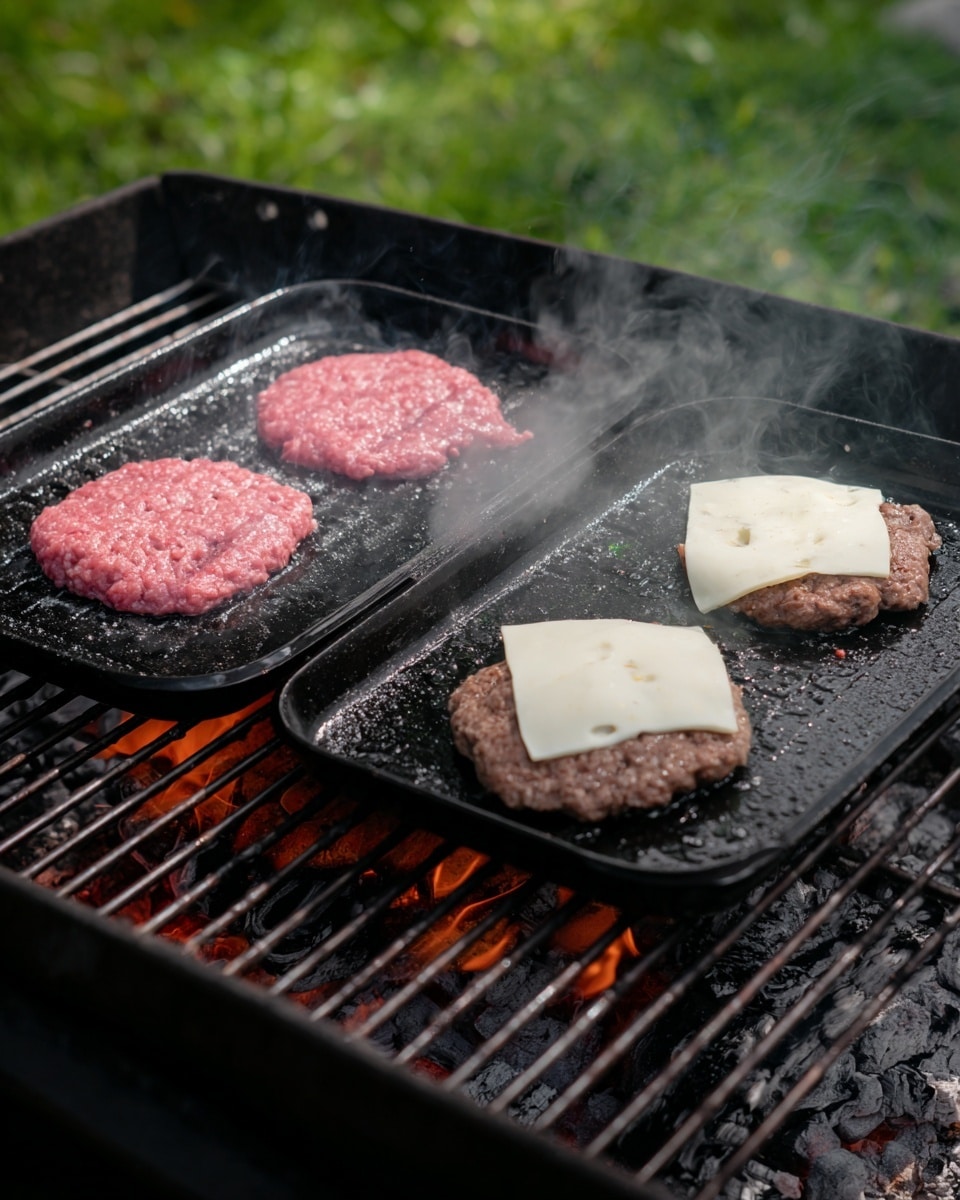 The image shows two stages of cooking burgers on a black grill pan over glowing charcoal on a grill. On the left side, two pink raw burger patties lie flat on the grill pan, with some smoky steam rising and slight grill marks beginning to form in the middle of each patty. On the right side, two burger patties are cooked and topped with thick slices of white cheese that are slowly melting. The grill pan has a slightly shiny, oily texture, and faint steam rises from both sides. The background consists of green grass out of focus. photo taken with an iphone --ar 4:5 --v 7