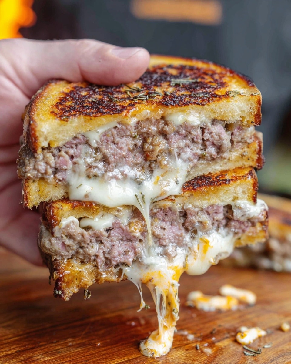 A close-up view of a thick sandwich held by a person's hand, showing three layers of cooked ground meat patties with a pink-gray color, separated by grilled white bread slices with golden brown, crispy edges. White melted cheese is oozing and stretching between the meat and bread layers, with some cheese dripping down the sides. The sandwich is positioned over a wooden surface with some orange crumbs and smears visible. Photo taken with an iphone --ar 4:5 --v 7