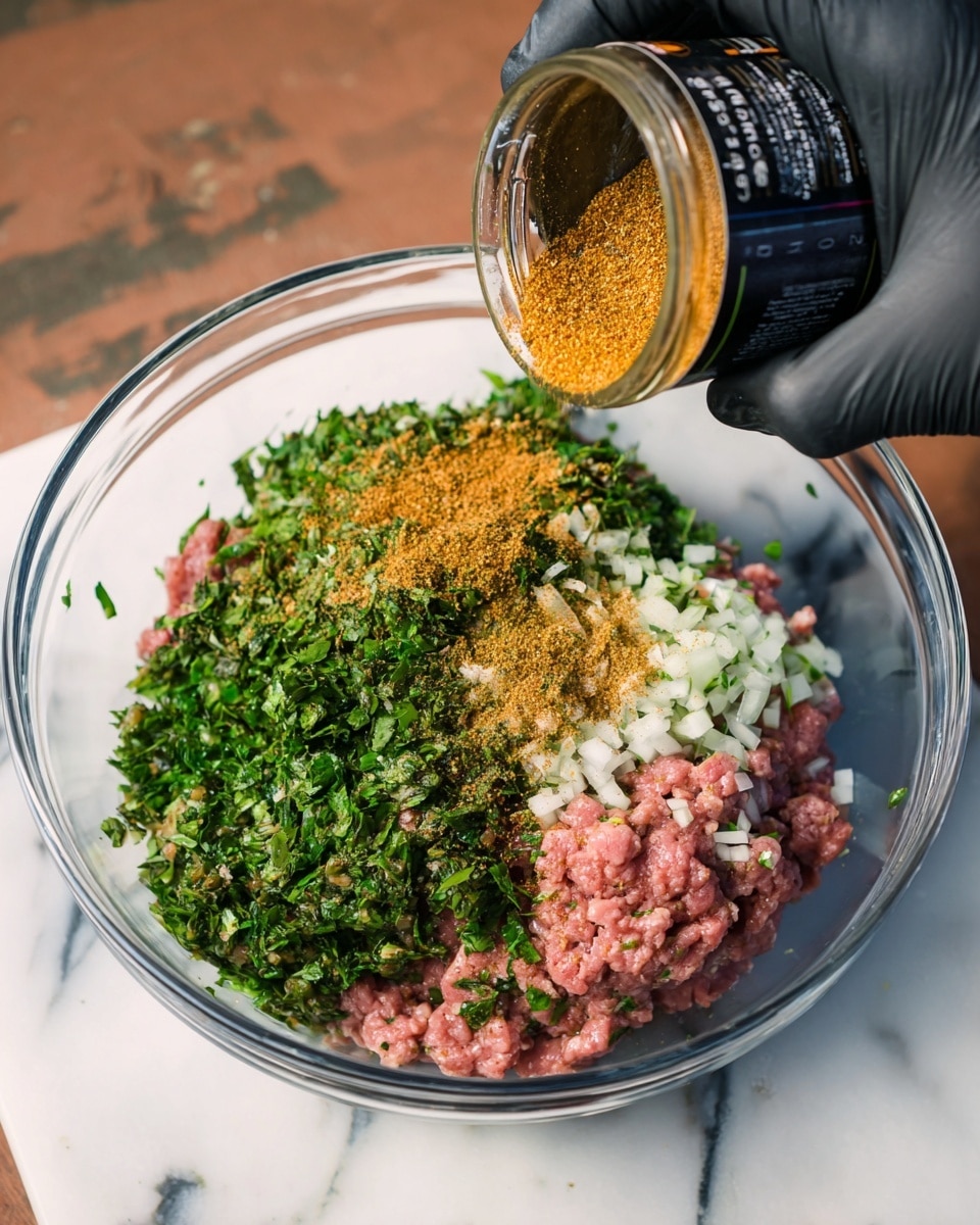 A clear glass bowl sits on a white marbled surface, filled with several layers of ingredients for mixing. The bottom layer consists of pink ground meat, topped with a thick layer of chopped green herbs. Above the herbs, an even layer of finely chopped white onions covers the mixture. The top layer is golden-brown spice powder being poured from a small jar held by a woman's hand. In the next image, a person's hand wearing a black glove is seen mixing the layers together, combining the pink, green, white, and brown ingredients inside the glass bowl. Photo taken with an iphone --ar 4:5 --v 7