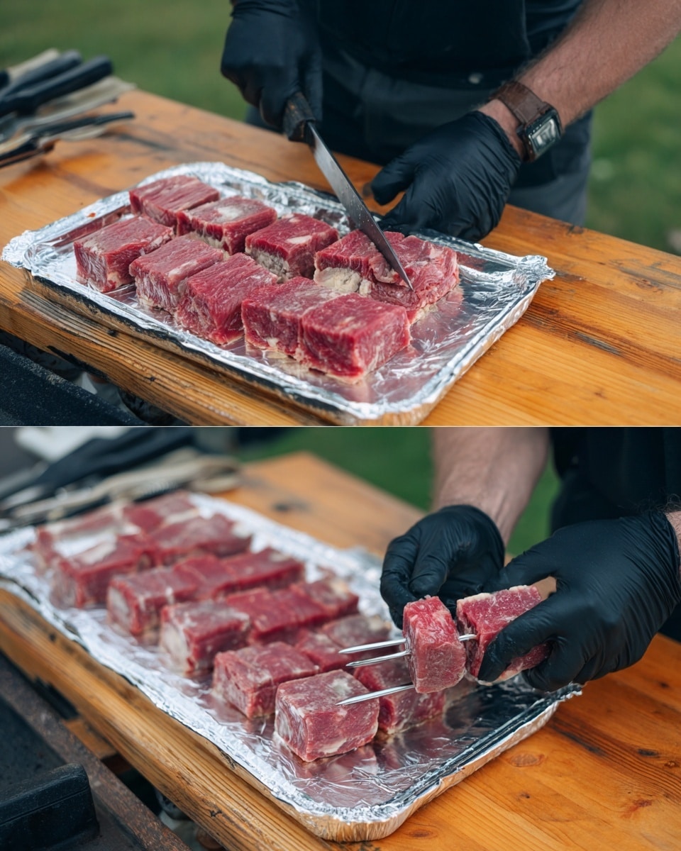 The images show a tray lined with shiny silver foil on a wooden table. On the tray, there are square-shaped layers of raw red meat with thin white layers in between, arranged in rows. One image shows a man’s arm with black gloves holding a knife, slicing the layered meat into smaller pieces. The other image shows the man’s hands, one with a black glove and the other without, holding several pieces of the sliced layered meat threaded onto a metal skewer, showing the layers clearly from top to bottom. The background has an outdoor setting with blurred green grass and a wooden surface visible behind. photo taken with an iphone --ar 4:5 --v 7