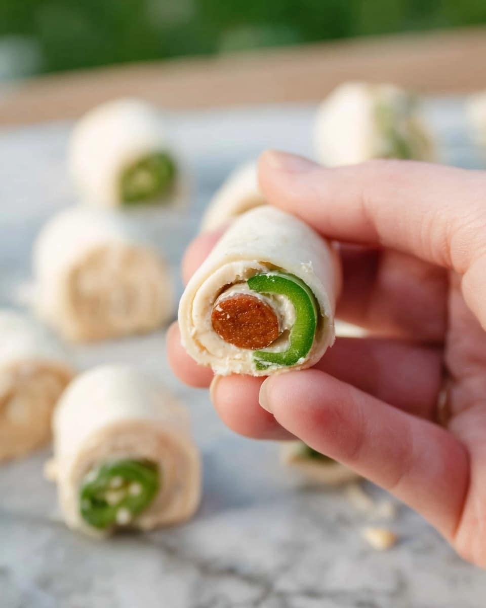 A close-up shows a woman's hand holding a small rolled snack with three clear layers: the outer layer is pale dough wrapped around a middle layer of creamy light filling, and inside that is a green pepper with a small brown sausage piece at the center. In the blurred background, more similar snacks are arranged on a white marbled surface. The image is bright and focused on the snack held in the woman's hand, showing its soft texture and fresh ingredients photo taken with an iphone --ar 4:5 --v 7