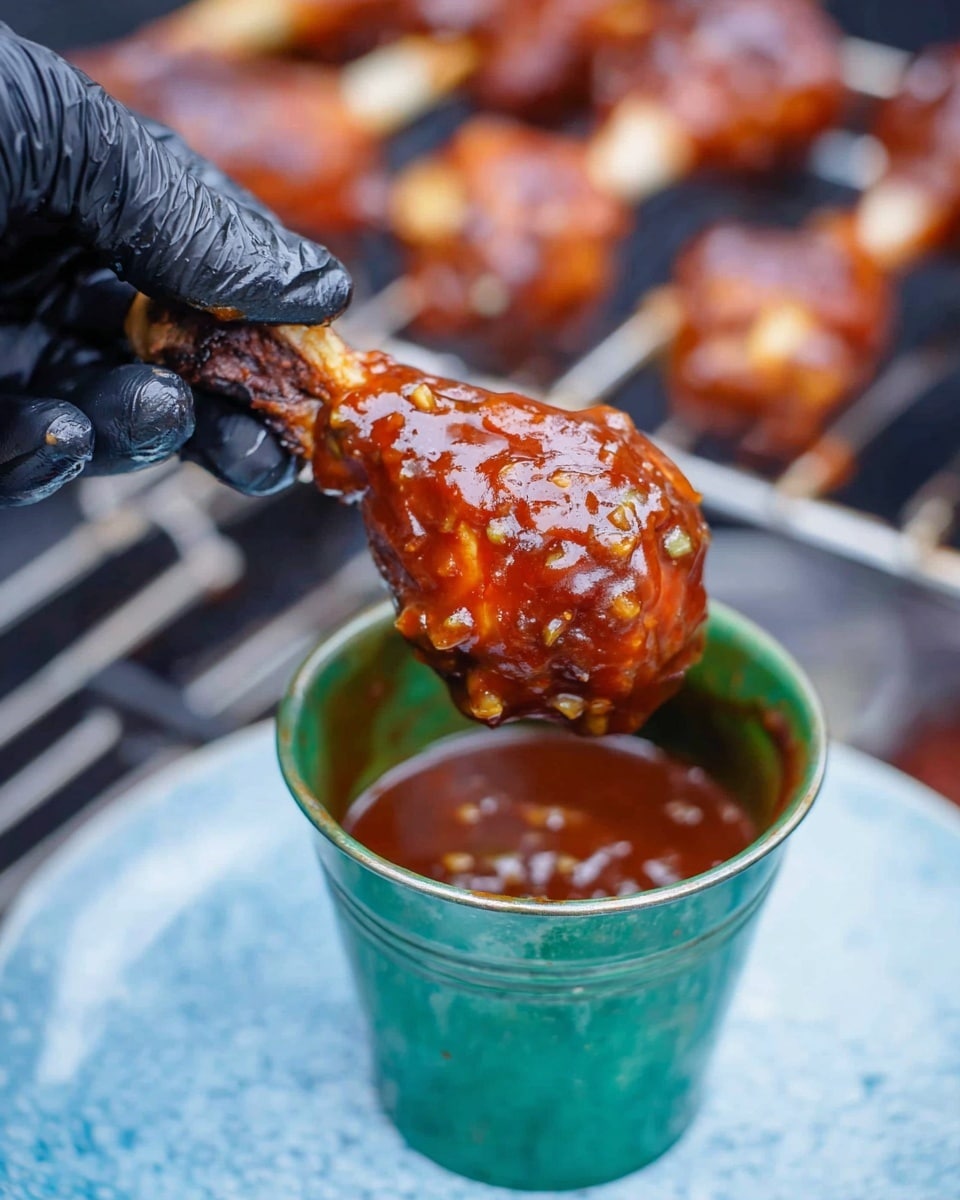 A close-up image shows a woman's hand wearing a black glove holding a chicken drumstick covered in shiny, thick dark orange barbecue sauce with visible bits of garlic or spices. The drumstick is dipped partway into a green metal cup filled with more of the same sauce. The cup is placed on a white plate with a blue texture, set on a white marbled surface. In the blurred background, several chicken drumsticks are hanging on a grill. photo taken with an iphone --ar 4:5 --v 7
