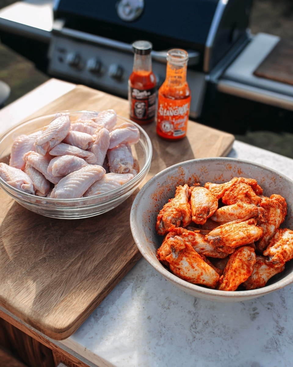 Two images show a clear round bowl with chicken wings in different states. On the left side, raw chicken wings stacked loosely, pale pink and white in color with smooth skin, sit inside the bowl on a wooden cutting board with two bottles of sauce behind it. On the right side, the same bowl is filled with chicken wings coated with a red-orange spice rub, giving them a rough texture and vibrant color. Both scenes are outdoors with a dark grill in the background on a white marbled surface. photo taken with an iphone --ar 4:5 --v 7