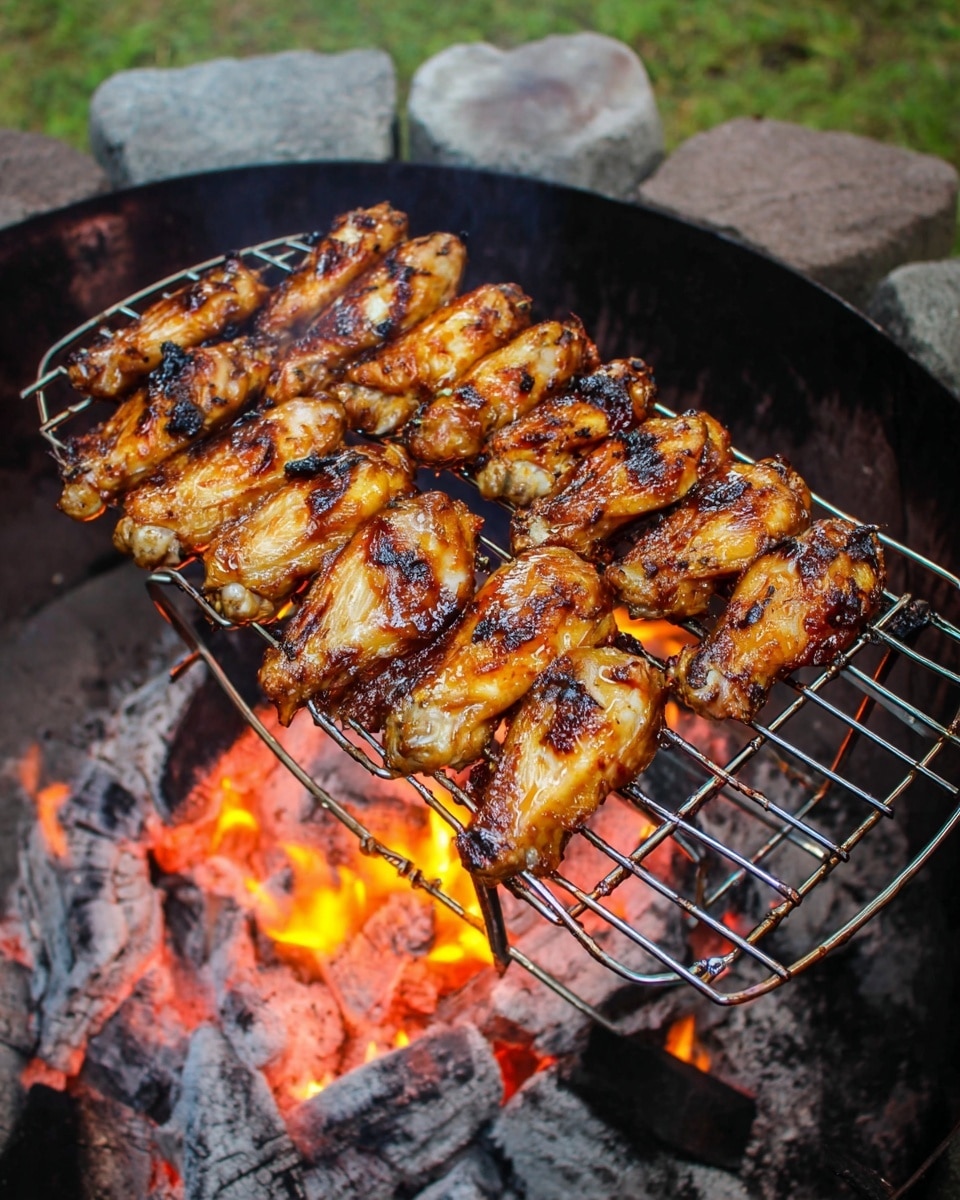 There is a metal grill rack holding two layers of golden-brown chicken wings with a slightly shiny, glazed surface. The wings are arranged closely in neat rows, showing a mix of crispy, charred edges and juicy textures. The grill rack is being held over a bed of glowing orange and red hot coals with occasional small flames. This is inside a round fire pit made of dark gray stones stacked in a curve. The background shows some green grass out of focus. photo taken with an iphone --ar 4:5 --v 7