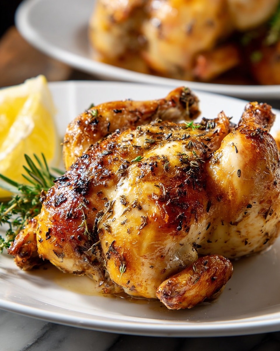 A roasted whole chicken with golden brown skin, speckled with blackened herbs, sits in the center of a white plate. The chicken’s texture shows crispy, slightly shiny, roasted skin with visible rosemary and thyme. Behind the chicken, a wedge of lemon with a yellow interior and fresh green garnish is partially visible. The plate rests on a white marbled surface, and part of a second roasted chicken appears blurred in the background. The image has a warm, inviting feel with natural lighting highlighting the chicken’s texture. photo taken with an iphone --ar 4:5 --v 7