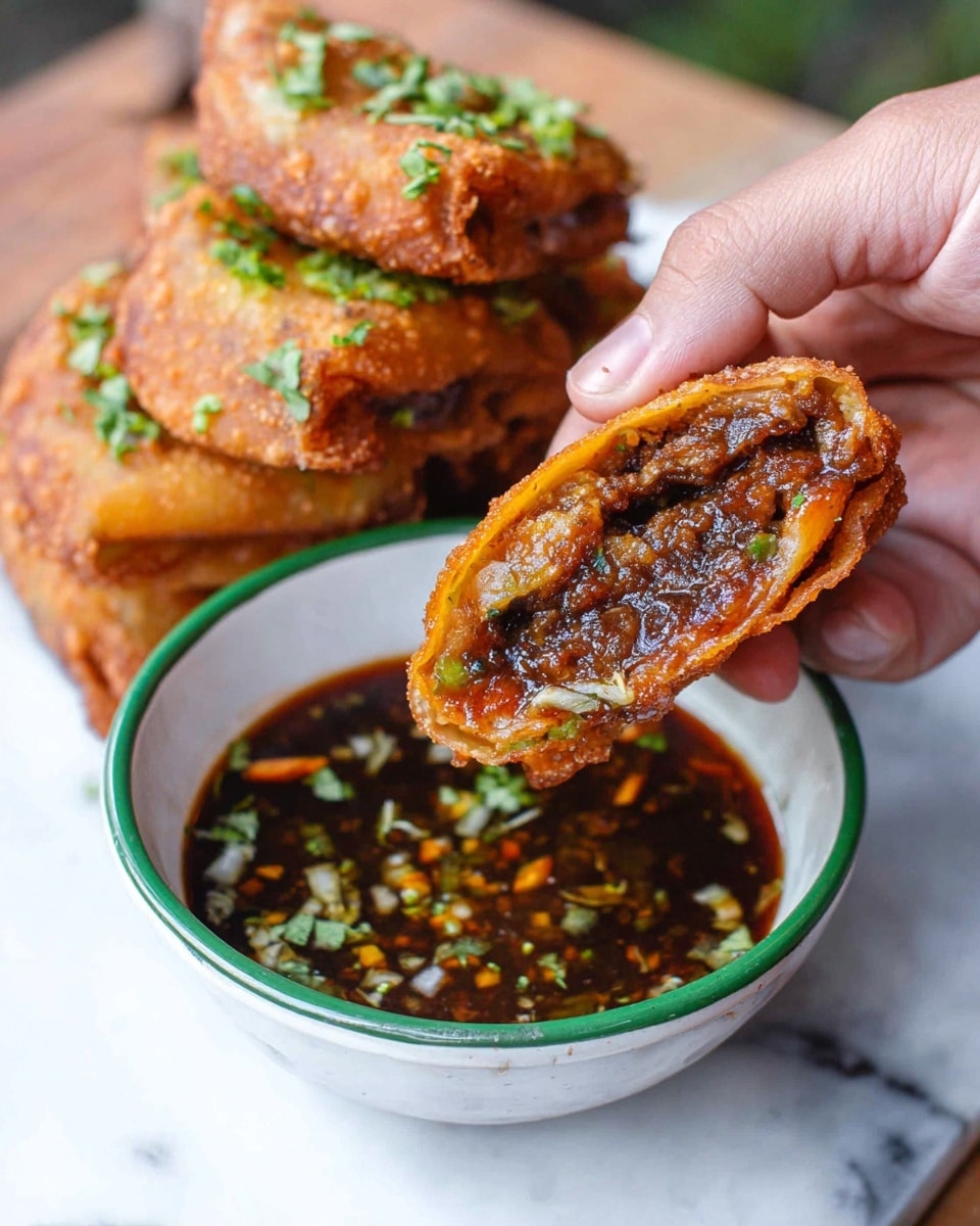 A woman's hand holds an orange-brown fried roll cut in half, showing a thick, dark, shiny filling inside with visible textures of meat and sauce. Behind the hand, there are several more fried rolls arranged in a stack, all topped with small green herb pieces. Below the hand, there is a white bowl with a green rim filled with a dark sauce that has small bits of herbs and vegetables floating inside. The surface under the bowl has a white marbled texture. photo taken with an iphone --ar 4:5 --v 7