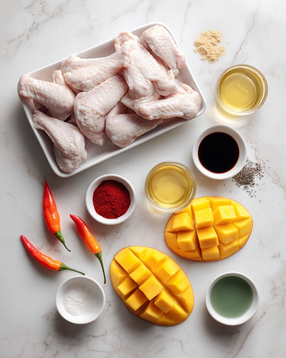 A top view of various ingredients arranged neatly on a white marbled surface, featuring a white tray filled with raw chicken wings stacked closely together in the upper left corner. Below the tray, two halves of a ripe mango with bright yellow flesh are scored in a grid pattern. To the left of the mango, three small orange habanero peppers are grouped together. Scattered around the mango and peppers are several small white and green bowls containing different powders and liquids, including red paprika powder, black pepper, a dark soy-like liquid, pale yellow oils, white granulated salt, and pale yellow ginger powder. The scene is brightly lit with soft shadows, showcasing the textures and colors clearly. Photo taken with an iphone --ar 4:5 --v 7