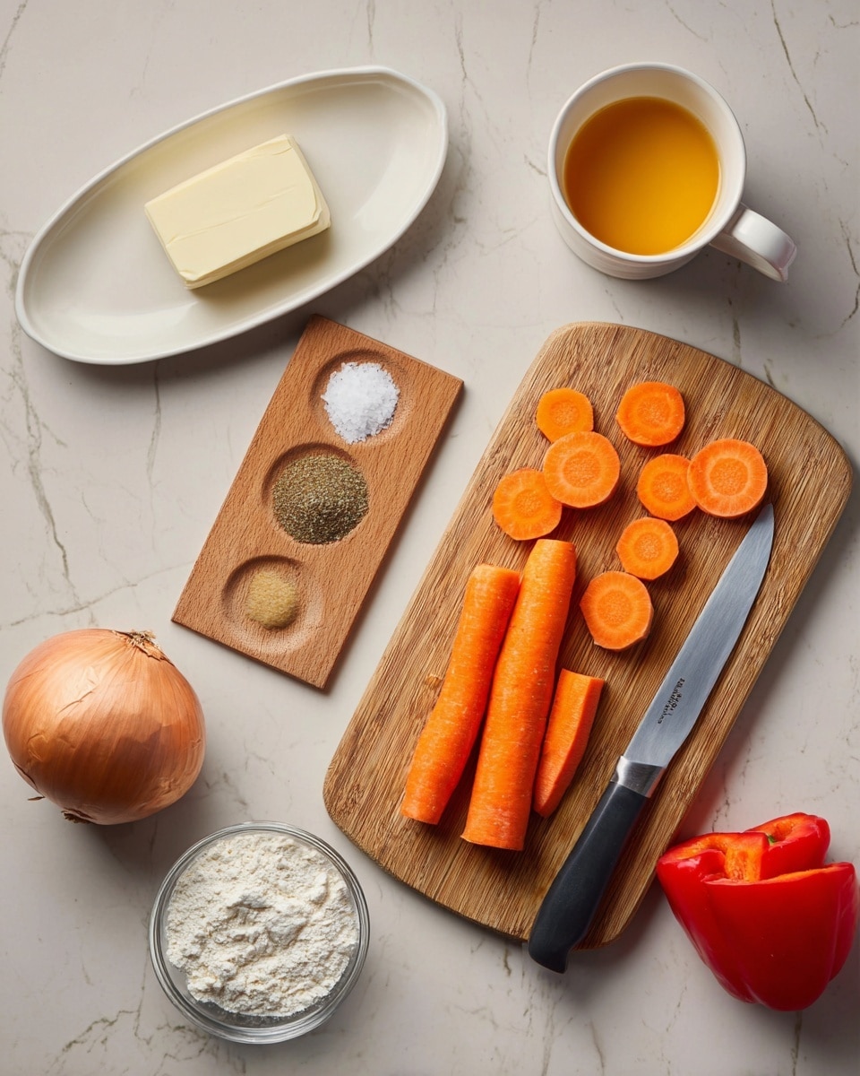 The image shows a cooking setup on a white marbled surface. In the center, there is a wooden cutting board with a few peeled carrots, some whole and some sliced into round pieces, placed on the right side. A silver knife with a black handle lies next to the carrots on the board. Above the board, there is a white cup filled with a yellow-orange liquid. To the left of the board, a white oval dish holds a stick of butter. Above this dish, a small wooden tray holds four small piles of ingredients: one with light brown powder, one with salt, one with black pepper, and one empty spot. Below the board, a whole onion with brown skin and a small glass bowl filled with white flour are visible. To the right of the onion and bowl, a whole red bell pepper is placed. Photo taken with an iphone --ar 4:5 --v 7