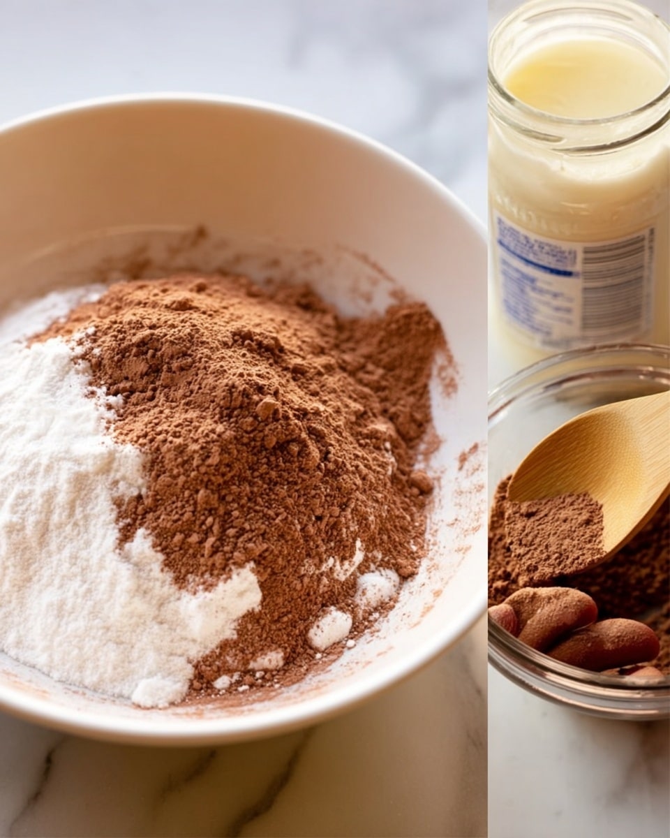 The image shows a close-up of a white bowl filled with layers of dry ingredients. The bottom layer is a fine white powder of sugar, topped by a slightly uneven heap of light brown cocoa powder that looks soft and powdery. A woman's hand is partly visible holding a wooden spoon scooping some cocoa from the bowl. The bowl sits on a white marbled surface, giving a clean and simple background. Photo taken with an iphone --ar 4:5 --v 7