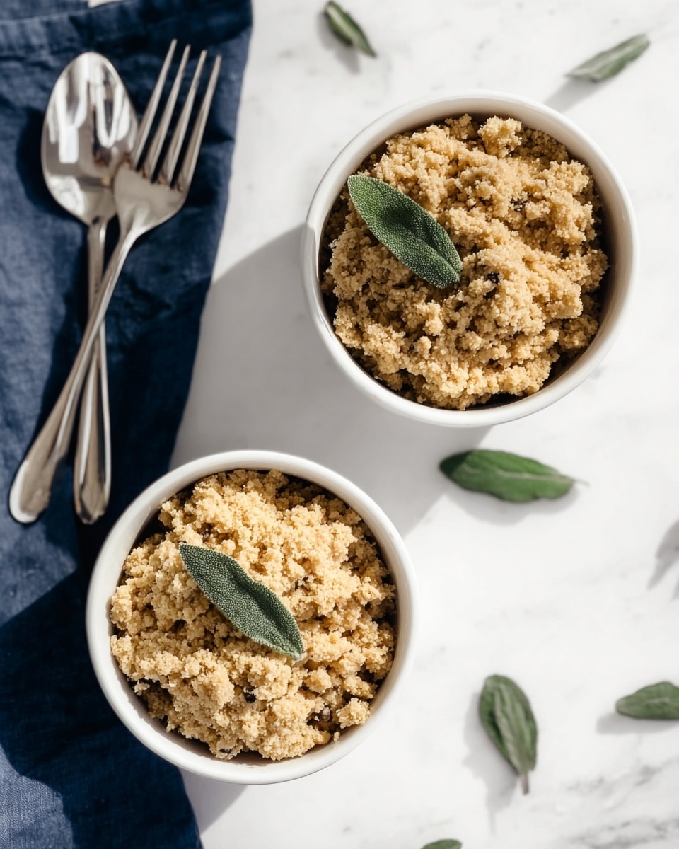 Two white bowls are filled with a crumbly, light brown dish with a soft texture. Each bowl has a green leaf on top for decoration. The bowls sit on a white marbled surface with a few loose green leaves scattered around. To the left of the bowls, there is a folded dark blue cloth napkin with two shiny silver forks placed on it. The soft light creates gentle shadows, and the scene looks clean and inviting. photo taken with an iphone --ar 4:5 --v 7