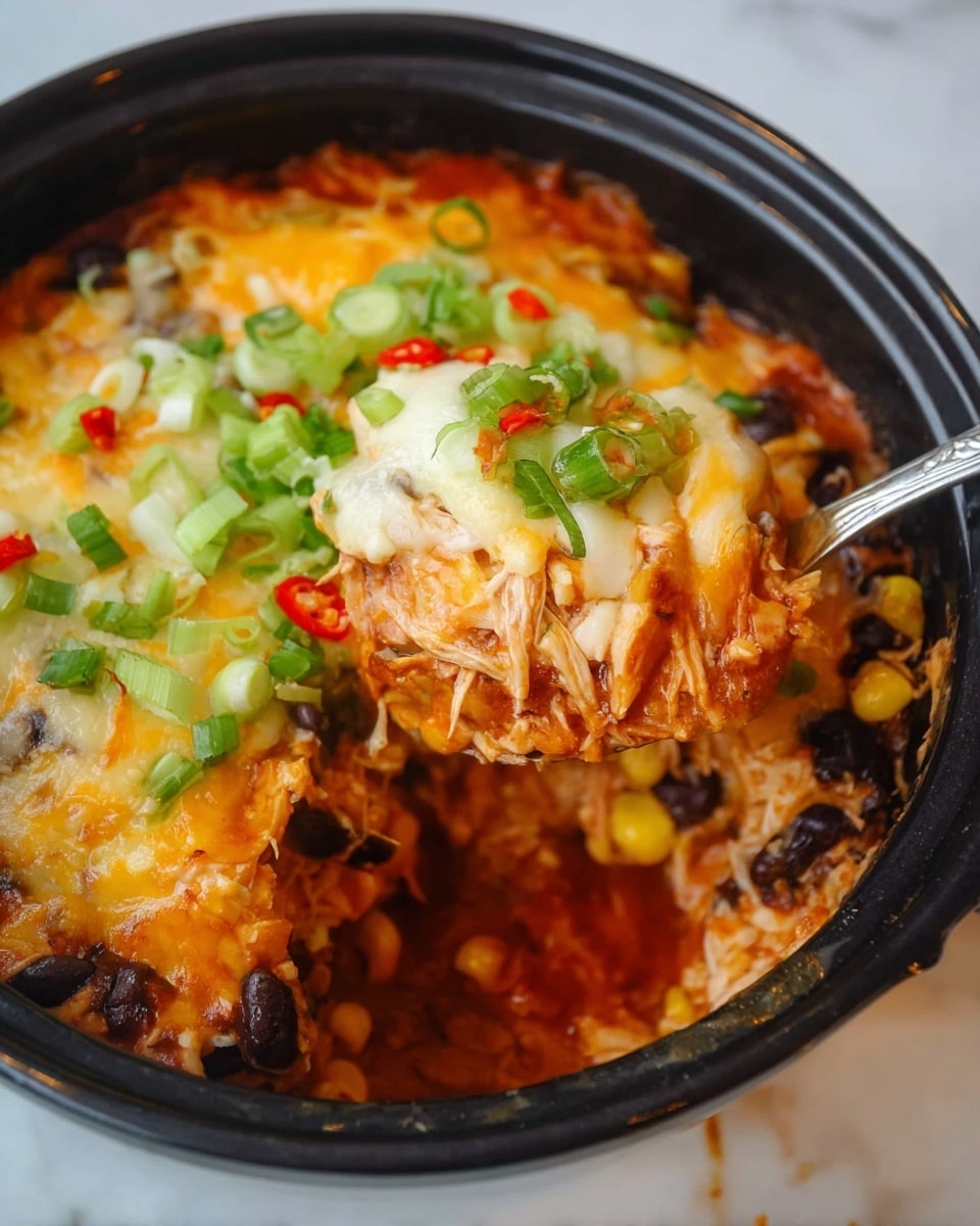 The dish is a layered casserole inside a black pot, showing a colorful mix of ingredients. The bottom layer is a mix of shredded chicken, black beans, and yellow corn in a thick red sauce. Above this is a melted cheese layer with white and orange cheese softly blending together. The top layer is bright green chopped scallions and small red chili pieces scattered over the cheese. A metal spoon is scooping some of the casserole from the pot, resting on the right side with some sauce visible around it. The whole dish is on a white marbled surface photo taken with an iphone --ar 4:5 --v 7