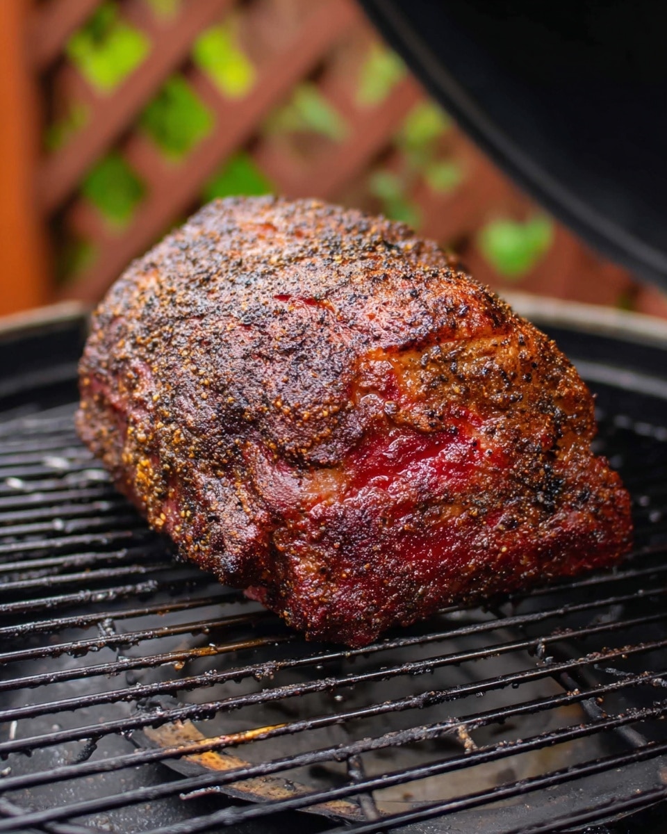 The image shows a large, single piece of smoked meat with a dark, thick crust that looks rough and seasoned. The top of the meat has a reddish-brown color with some shiny, moist spots showing juices. It sits directly on black grill grates inside a round metal grill, with the grill lid partially open above. The background behind the grill is blurred but shows a lattice pattern. Photo taken with an iphone --ar 4:5 --v 7