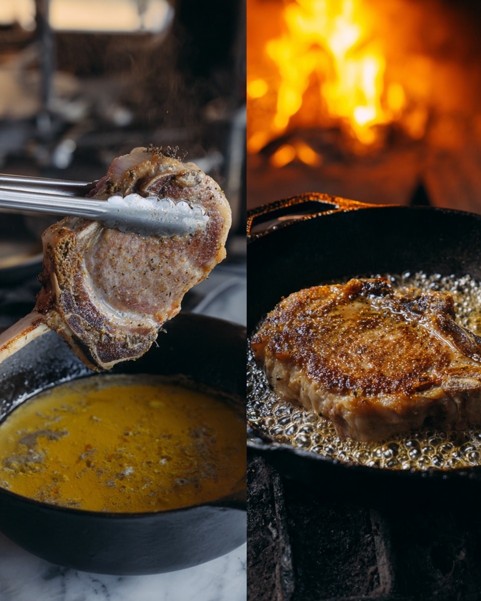 The image shows two cooking stages of a thick pork chop with a bone attached. On the left, a woman's hand is holding the pork chop with silver tongs above a black pot filled with yellow oil, with the chop looking pale grey with some white fat and darker spots. On the right side, the pork chop is in a black cast iron pan, sizzling and browned on the surface with a textured golden crust, while bubbling butter or oil surrounds its base; a warm fire glows in the background, adding an orange light. Both images have a white marbled surface below. Photo taken with an iphone --ar 4:5 --v 7