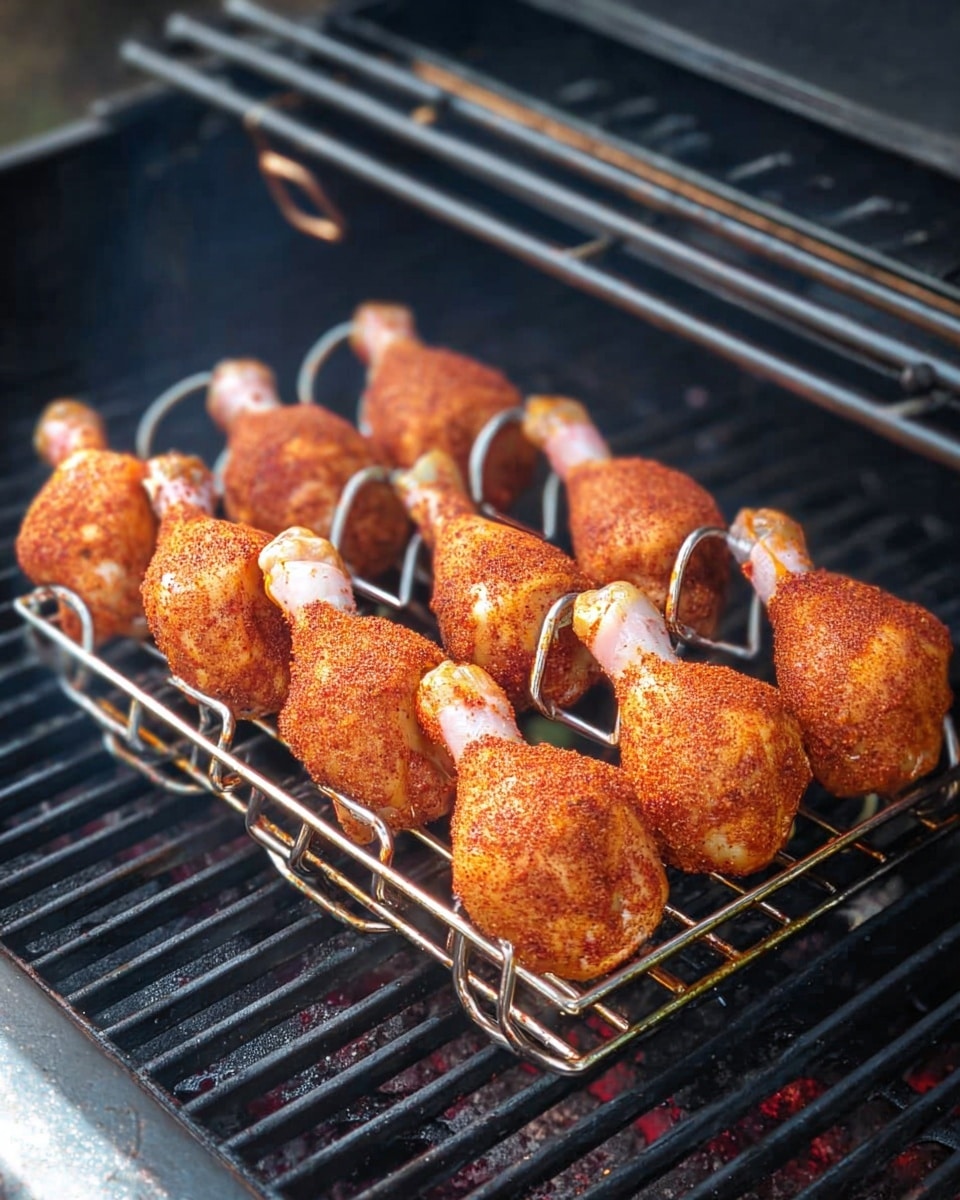 There are nine chicken drumsticks arranged in a metal rack on a grill. Each drumstick is evenly coated with a reddish-brown spice rub, giving the chicken a rough textured surface. The drumsticks are held in place with a metal skewer that runs through the top of the bones, which are still wrapped with small pieces of white skin and fat. The metal grill grate beneath is blackened from use, and the background shows part of the grill’s black hood. Photo taken with an iphone --ar 4:5 --v 7