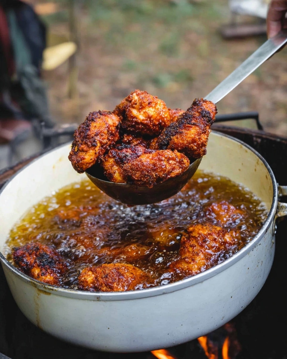 A large white pot filled with bubbling hot oil holds several pieces of fried chicken that are golden brown with dark, crispy edges. A silver ladle lifts a pile of these chicken pieces above the oil, showing their rough, crunchy texture with charred spots on the outside. The background is blurred with outdoor elements, and a woman's hand is holding the ladle. The pot rests on a metal grill over an open flame. photo taken with an iphone --ar 4:5 --v 7