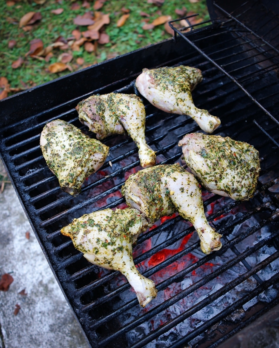 The image shows six pieces of raw chicken legs with pale skin, covered in a green herb marinade with visible chopped herbs and spices, laid out on a black grill grate over glowing red charcoal. The chicken pieces are spread out evenly, showing different shapes of drumsticks and thighs. The grill is open, revealing the textured, slightly worn grill bars and the bright, hot coals beneath. In the background, there is green grass with a few fallen brown leaves. The whole scene is outdoors, with the grill resting on a gray concrete surface and the background changed to a white marbled texture. photo taken with an iphone --ar 4:5 --v 7