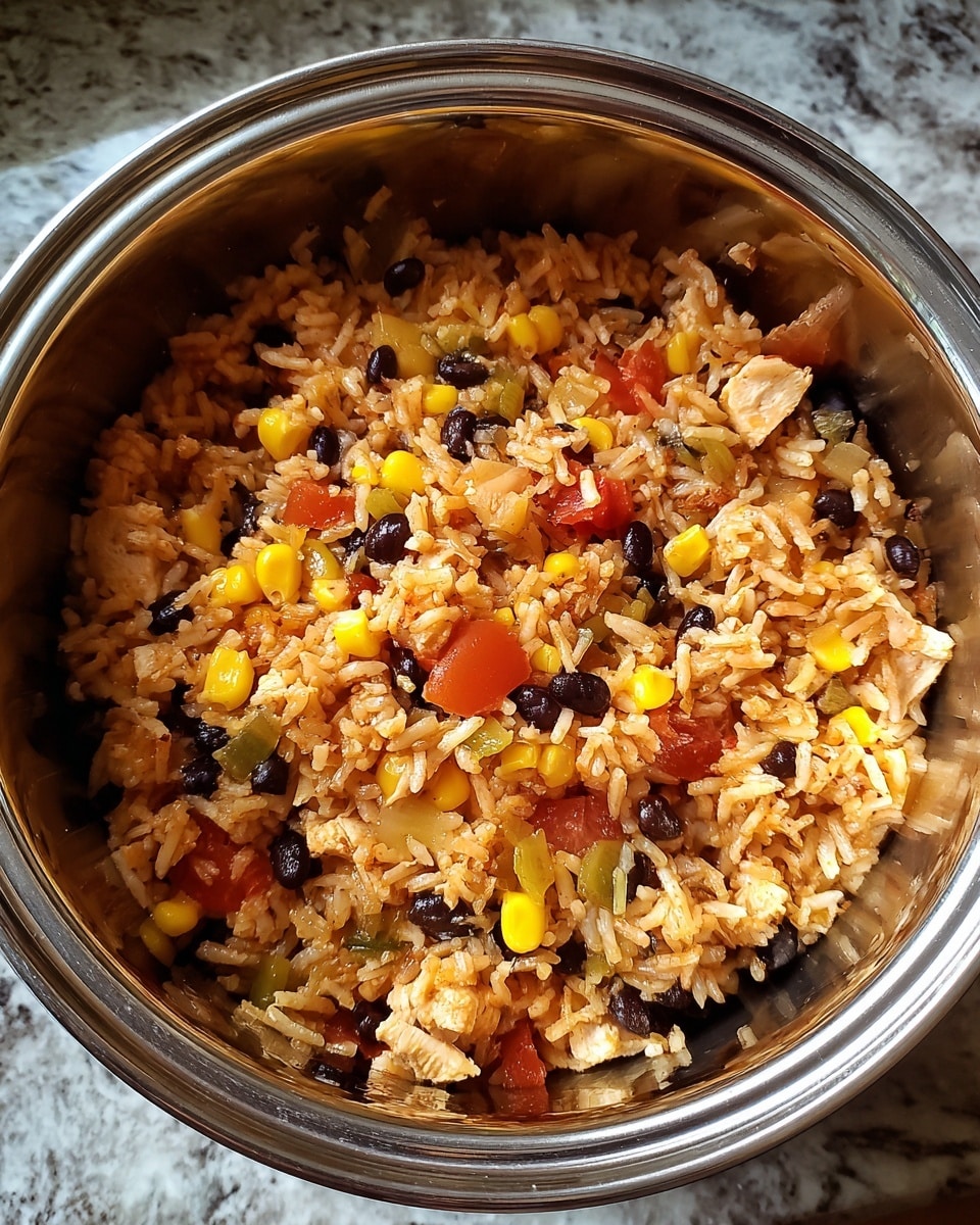 Inside a shiny stainless steel cooker, there is a mixed dish with one clear layer. The dish is mainly reddish-brown rice mixed with small pieces of light brown chicken, black beans, yellow corn, and bits of red tomato and translucent onion. The texture looks soft and moist, with the ingredients evenly spread on the bottom and sides of the pot. The inside surface of the cooker reflects some of the food's colors. The background is a white marbled texture. Photo taken with an iphone --ar 4:5 --v 7