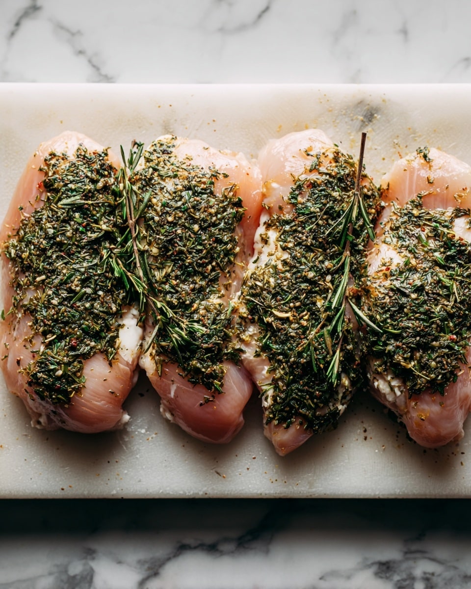 Four raw pieces of pinkish meat are laid side by side on a white cutting board. Each piece is covered with a layer of dark green dried herbs and spices, spread unevenly but generously, creating a rough texture on top. The cutting board sits on a white marbled surface, adding a subtle pattern around it. The lighting highlights the fine details of the herb mixture and the smoothness of the meat underneath. photo taken with an iphone --ar 4:5 --v 7