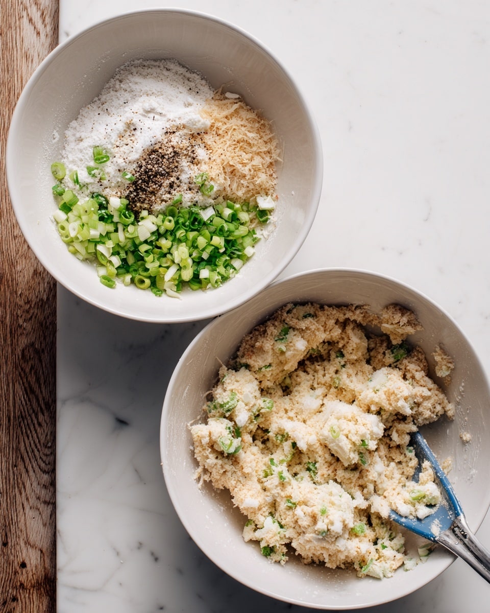 The image shows two white bowls on a white marbled surface with wooden texture in the background. The first bowl contains four separate layers: chopped green onions on the left, white flour mixed with black pepper in the upper right, shredded light brown pieces on the lower right, and a white cream-like ingredient above the flour. The second bowl shows the mixture from the first bowl combined into a crumbly textured light beige mixture with small green bits throughout. A blue spatula with a metal handle is sticking into the mixture. Photo taken with an iphone --ar 4:5 --v 7